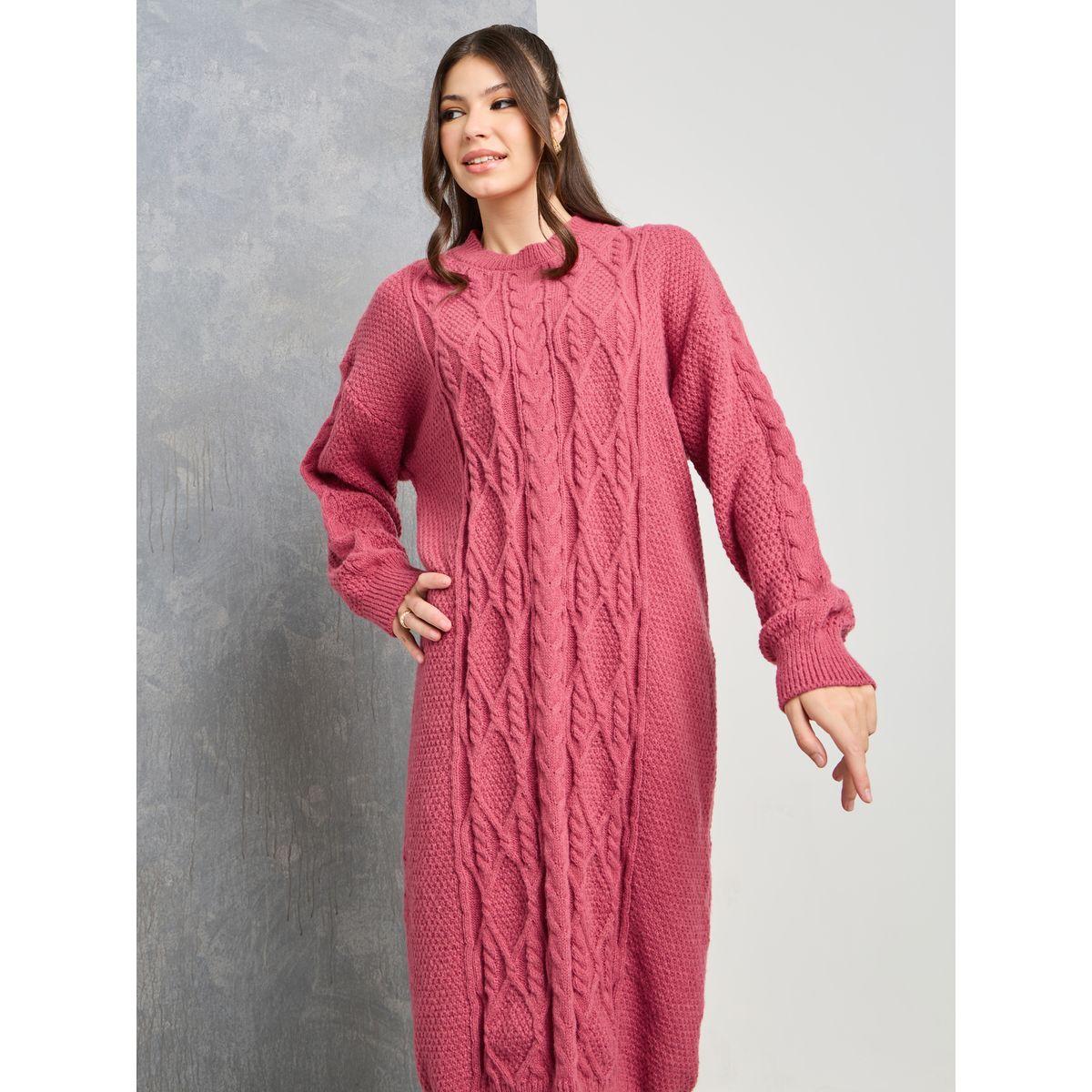 Styli Cable Knit Round Neck Sweater Midi Winter Dress-women-clothing-dresses-image-2