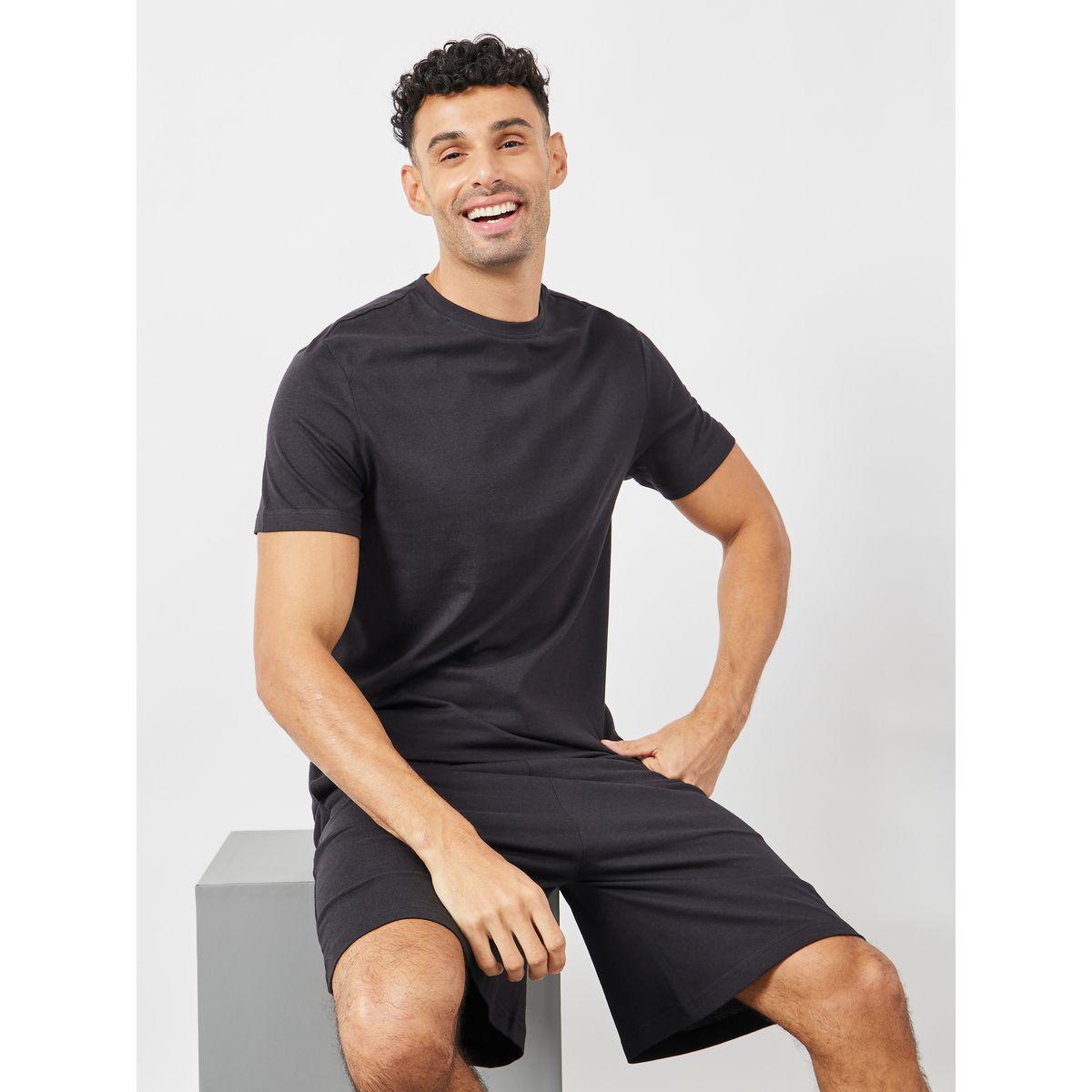 Styli Limited Solid Round Neck T-Shirt & Shorts Set-men-clothing-nightwear-sets-image-1