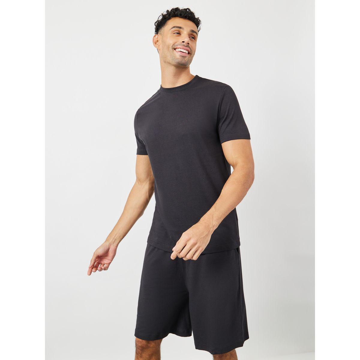 Styli Limited Solid Round Neck T-Shirt & Shorts Set-men-clothing-nightwear-sets-image-3