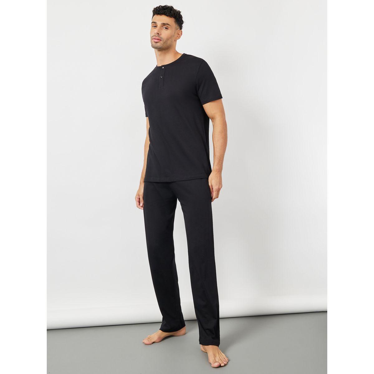 Styli Limited Solid Henley Neck T-Shirt & Pyjama Set-men-clothing-nightwear-sets-image-1