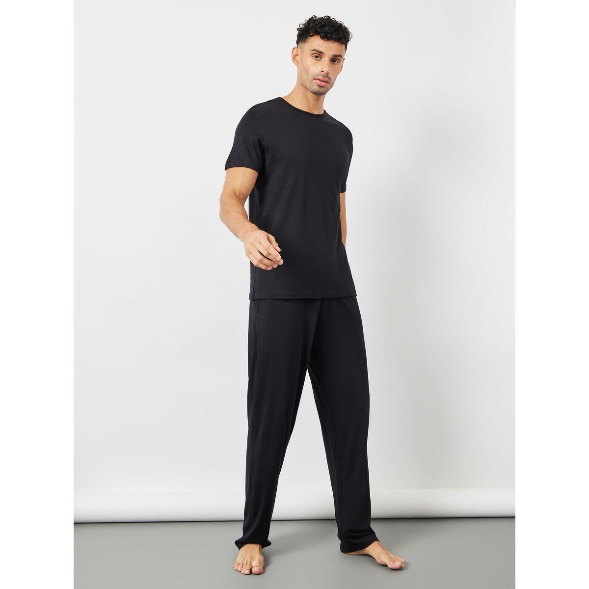 Styli Limited Solid Round Neck T-Shirt & Pyjama Set-men-clothing-nightwear-sets-image-2
