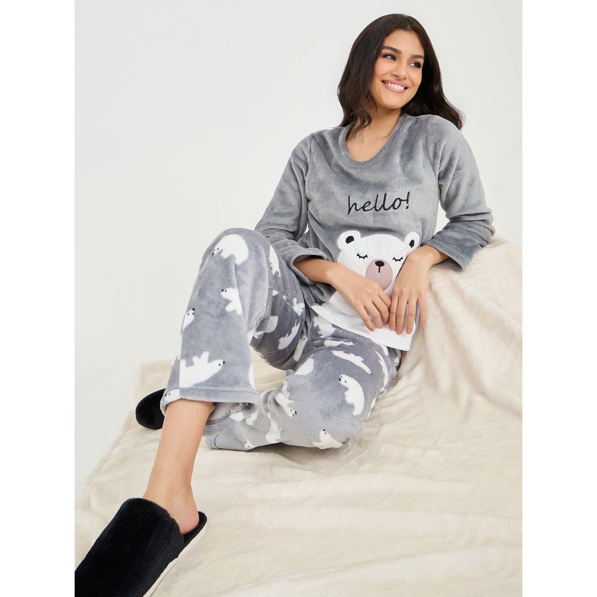 Styli Unwind Polar Bear Design Fleece Top & All Over Print Pyjama Set-women-clothing-nightwear-pyjamas-longsets-image-1