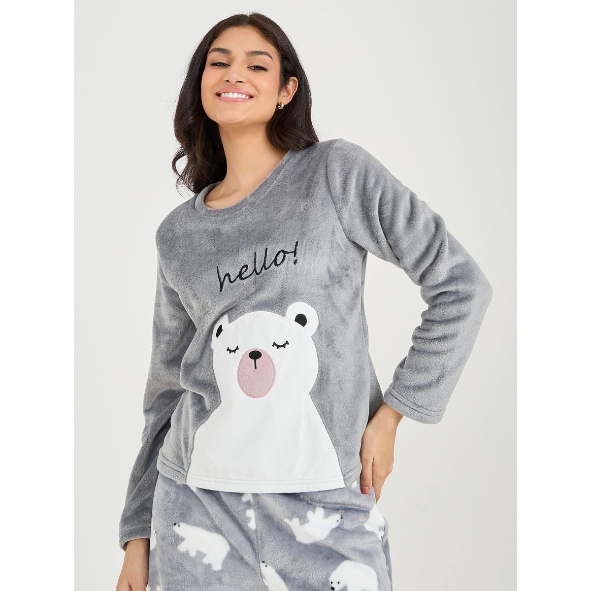 Styli Unwind Polar Bear Design Fleece Top & All Over Print Pyjama Set-women-clothing-nightwear-pyjamas-longsets-image-3