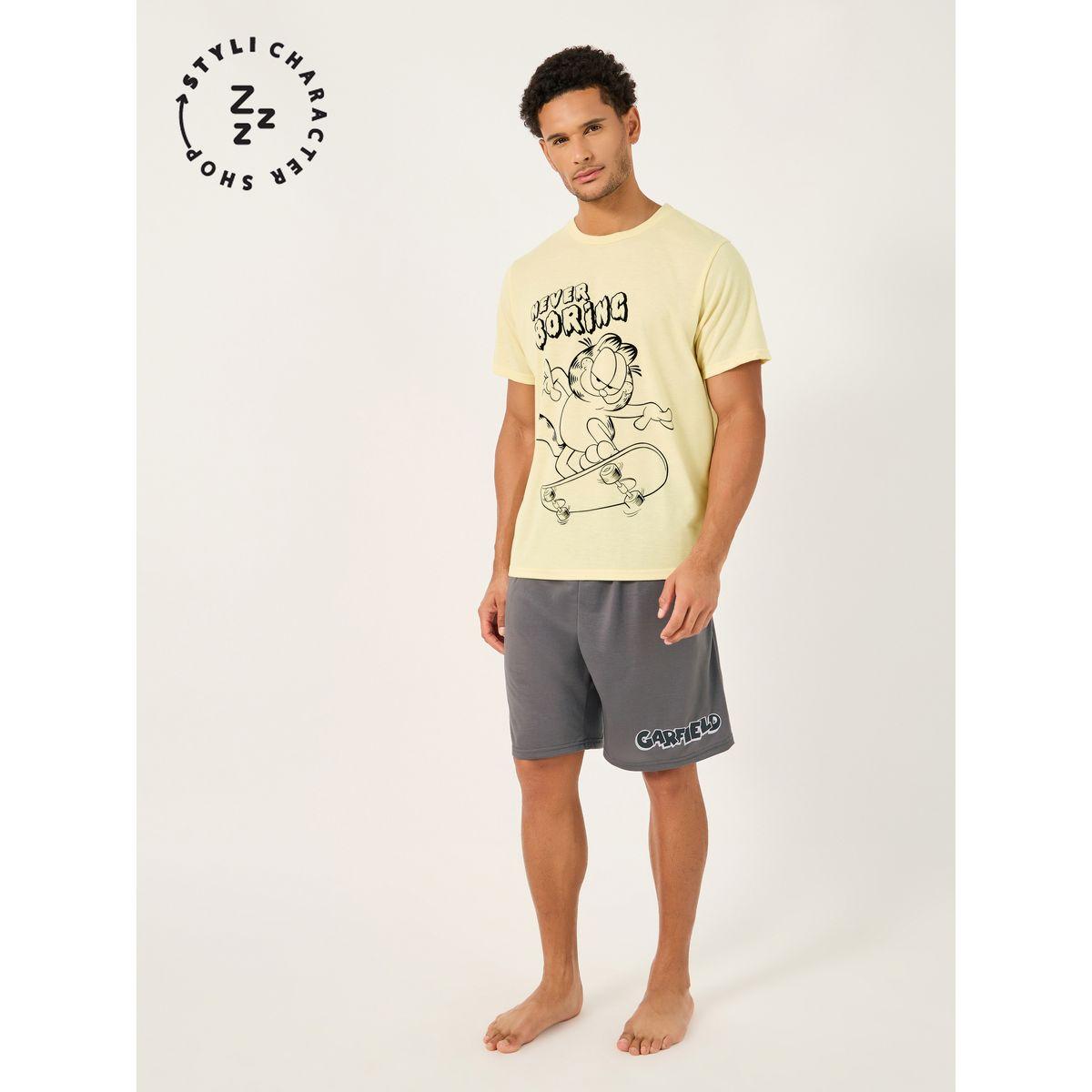 Styli Garfield Graphic Print T-Shirt and Shorts Set-men-clothing-nightwear-pyjamaandshorts-image-1