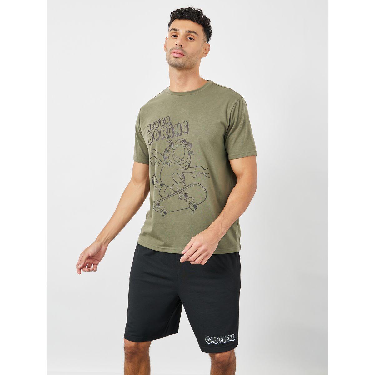 Styli Unwind Garfield Graphic Print T-Shirt & Printed Shorts Set-men-clothing-nightwear-sets-image-1