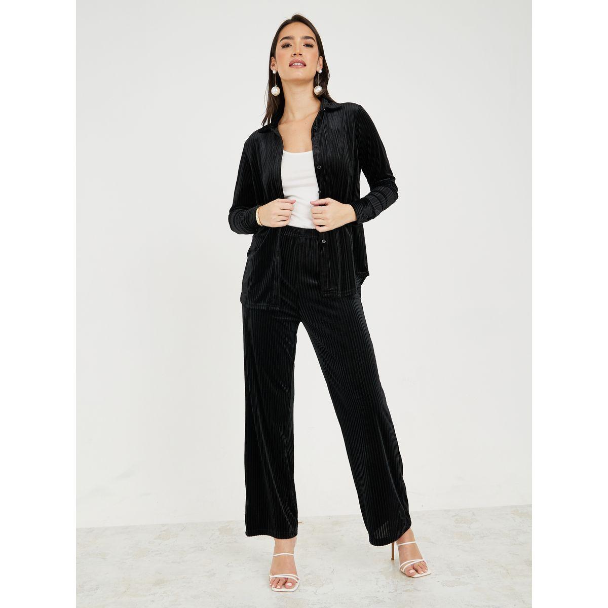Styli Textured Velour Shirt & Straight Leg Pants Co-Ords-women-clothing-coordsets-image-1