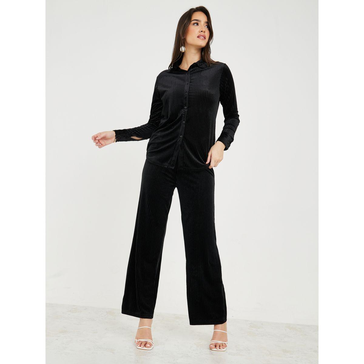 Styli Textured Velour Shirt & Straight Leg Pants Co-Ords-women-clothing-coordsets-image-3