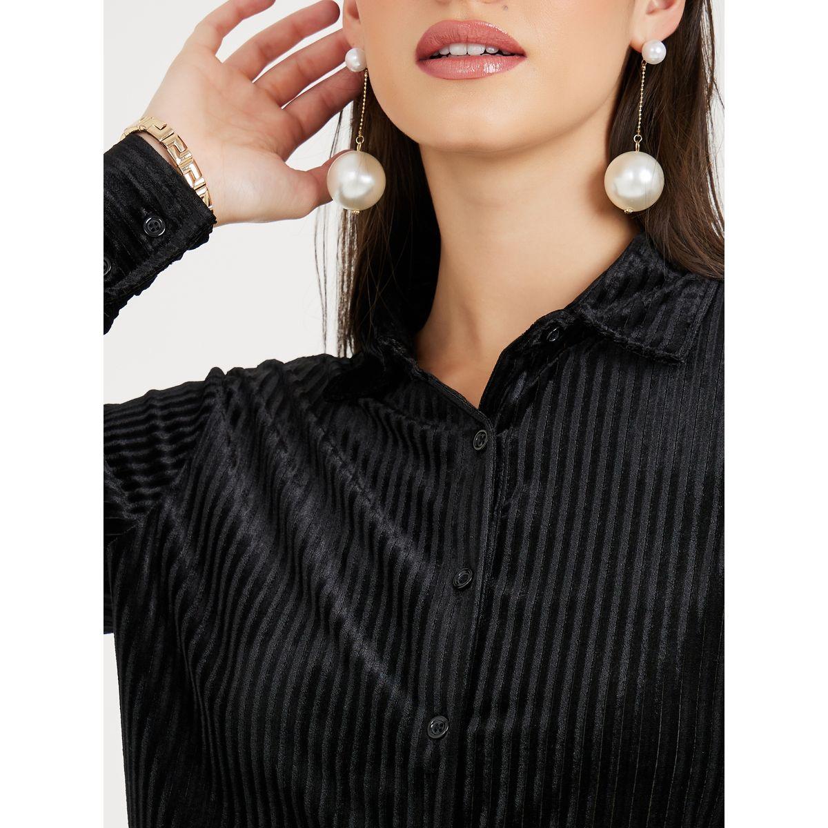 Styli Textured Velour Shirt & Straight Leg Pants Co-Ords-women-clothing-coordsets-image-4