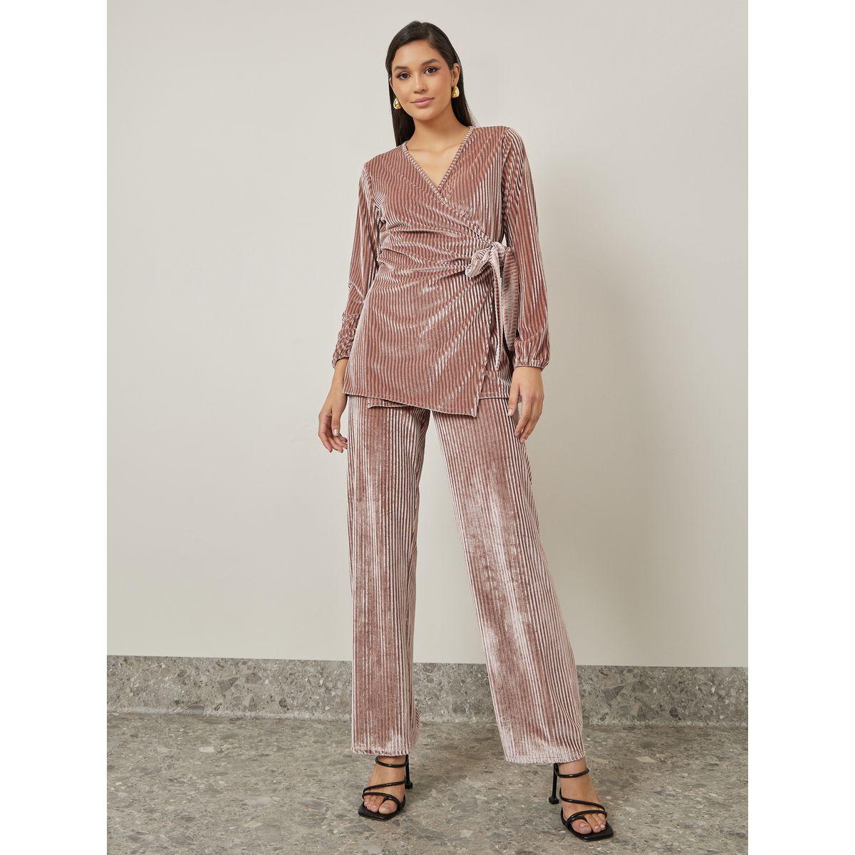 Styli Textured Plisse Wrap Top & Flared Pants Co-Ords-women-clothing-coordsets-image-1