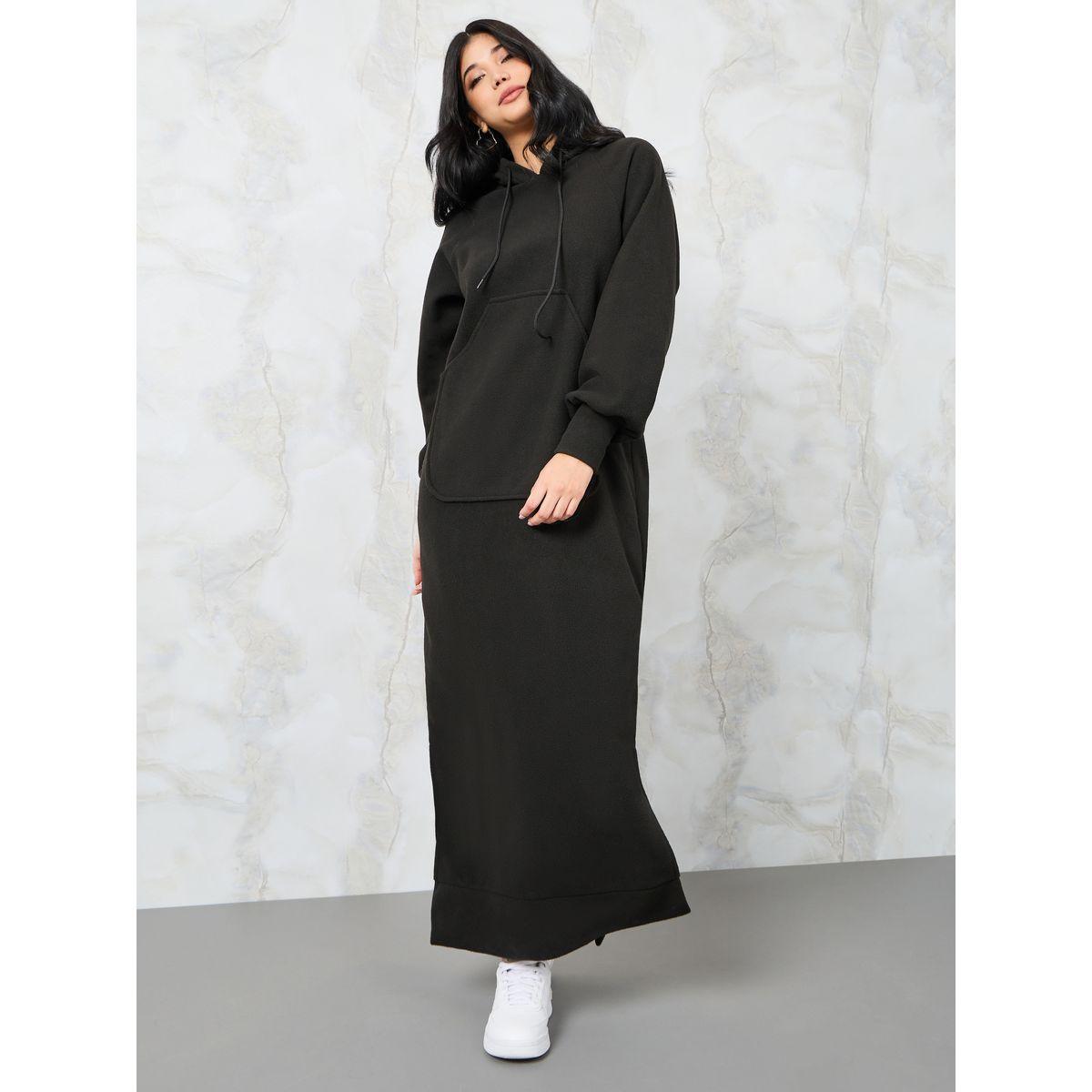 فستان طويل سادة بياقة هودي-women-clothing-dresses-image-1