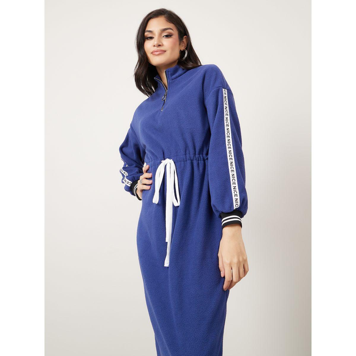Styli Printed Taping Sleeve Fleece Sweatshirt Maxi Dress-women-clothing-dresses-image-2