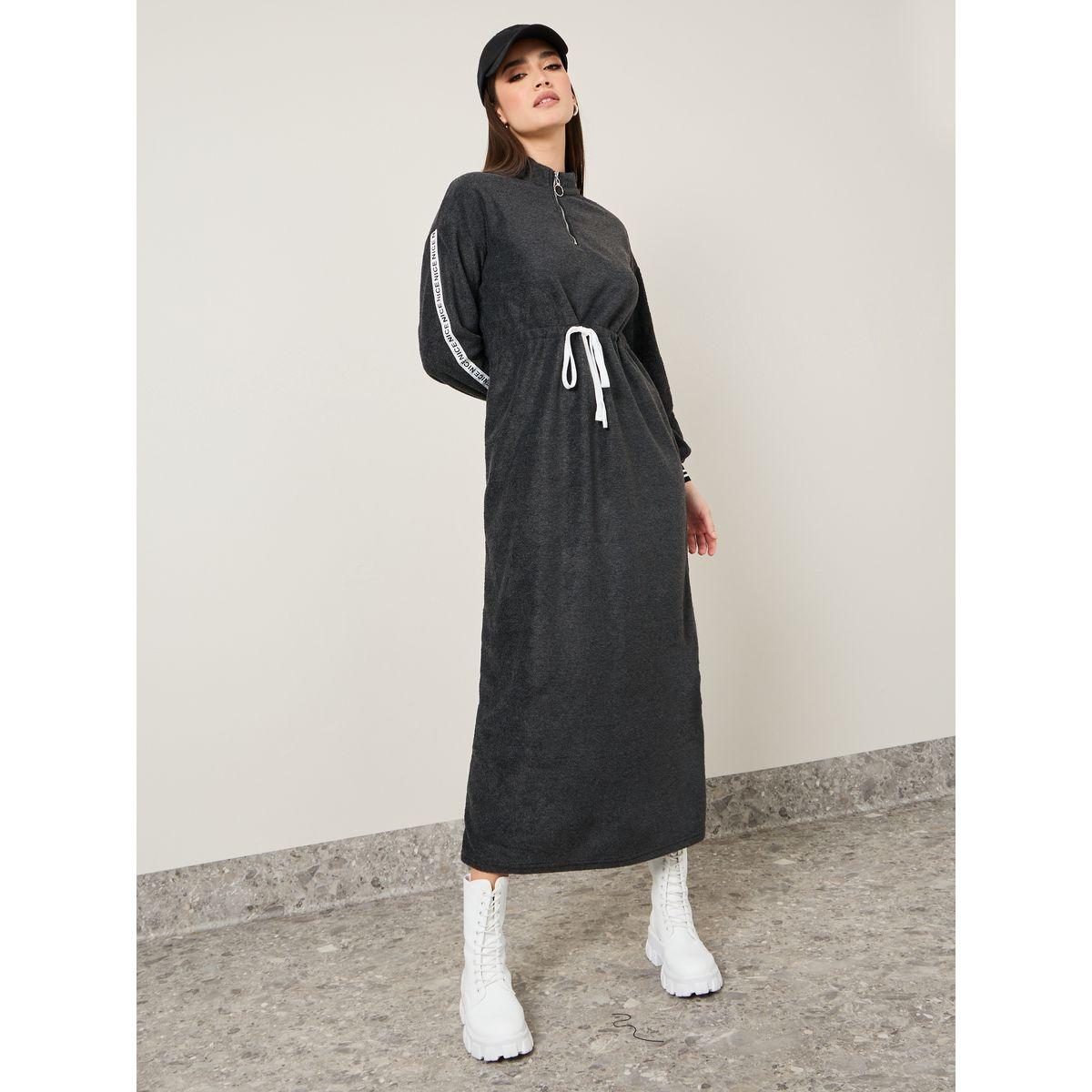 Styli Printed Taping Sleeve Fleece Sweatshirt Maxi Dress-women-clothing-dresses-image-1