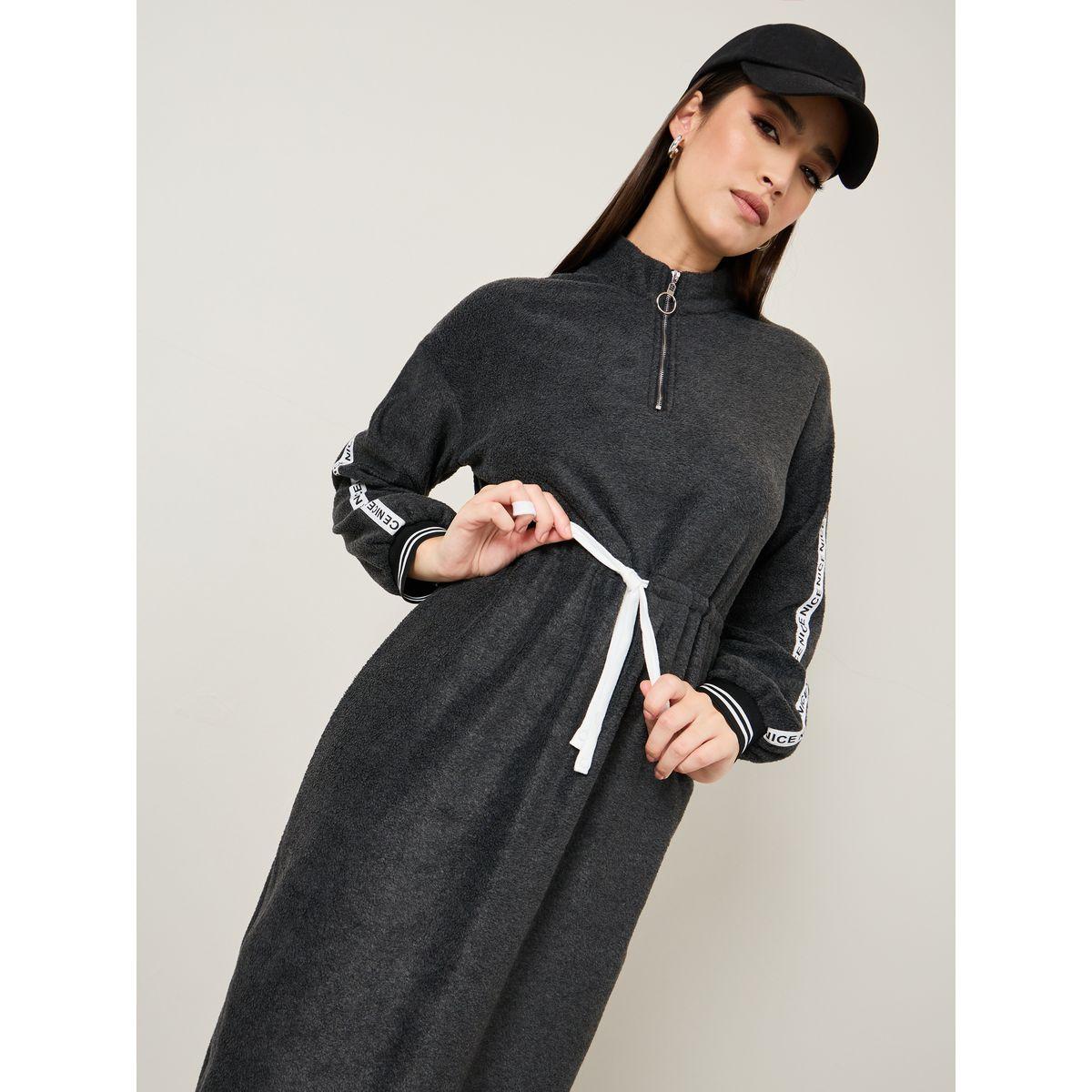 Styli Printed Taping Sleeve Fleece Sweatshirt Maxi Dress-women-clothing-dresses-image-2