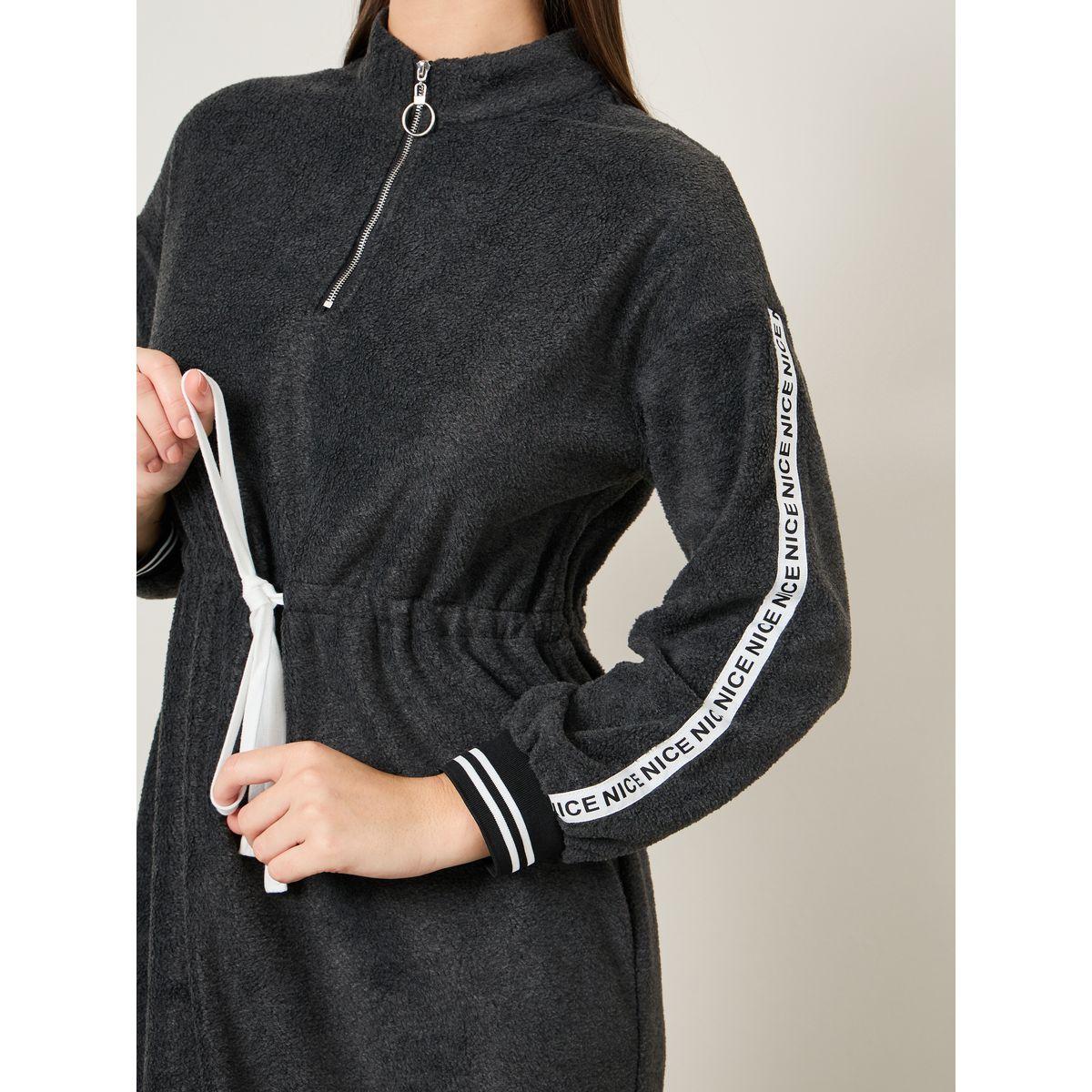 Styli Printed Taping Sleeve Fleece Sweatshirt Maxi Dress-women-clothing-dresses-image-3