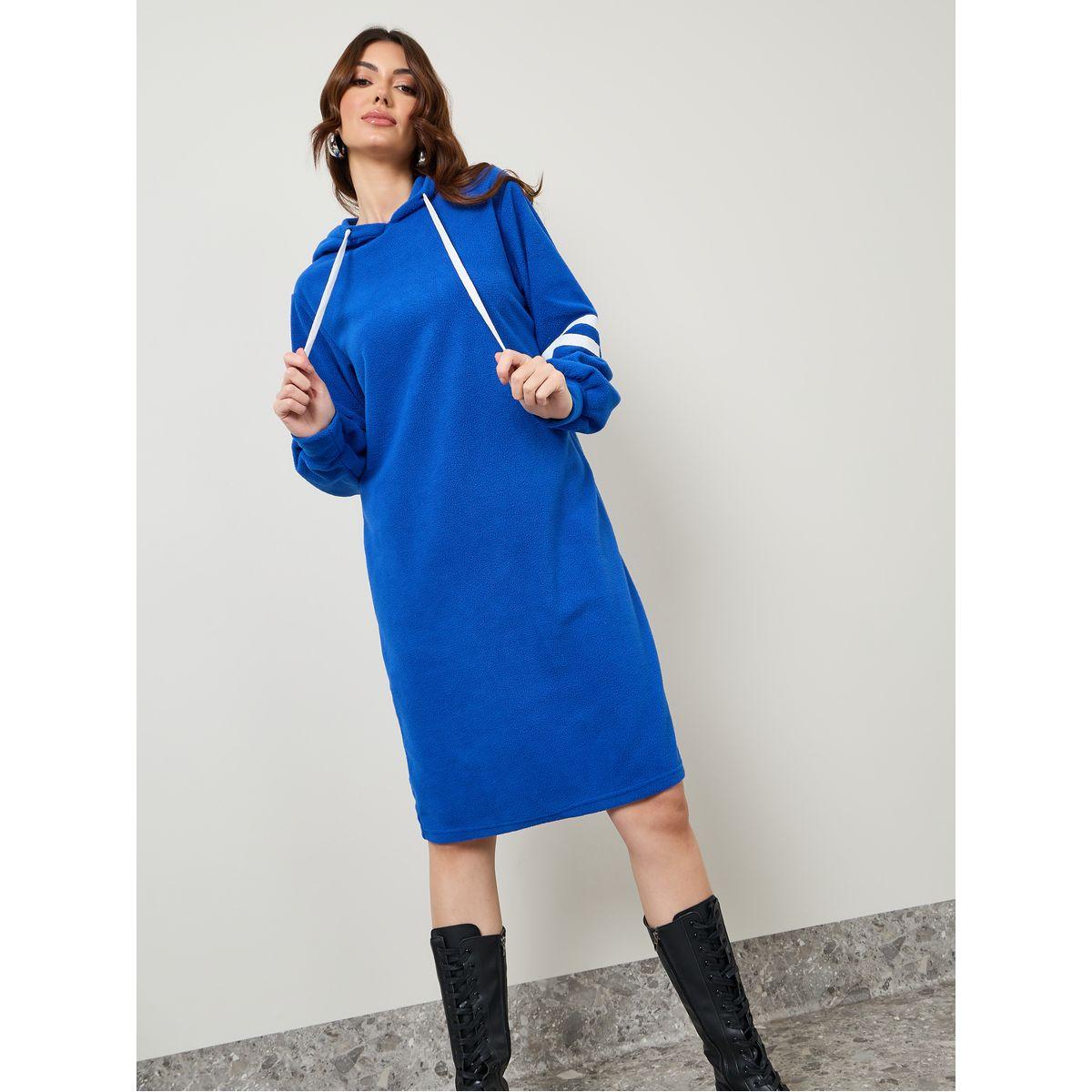 Styli Striped Sleeve Hooded Knee Length Sweatshirt Dress-women-clothing-dresses-image-2
