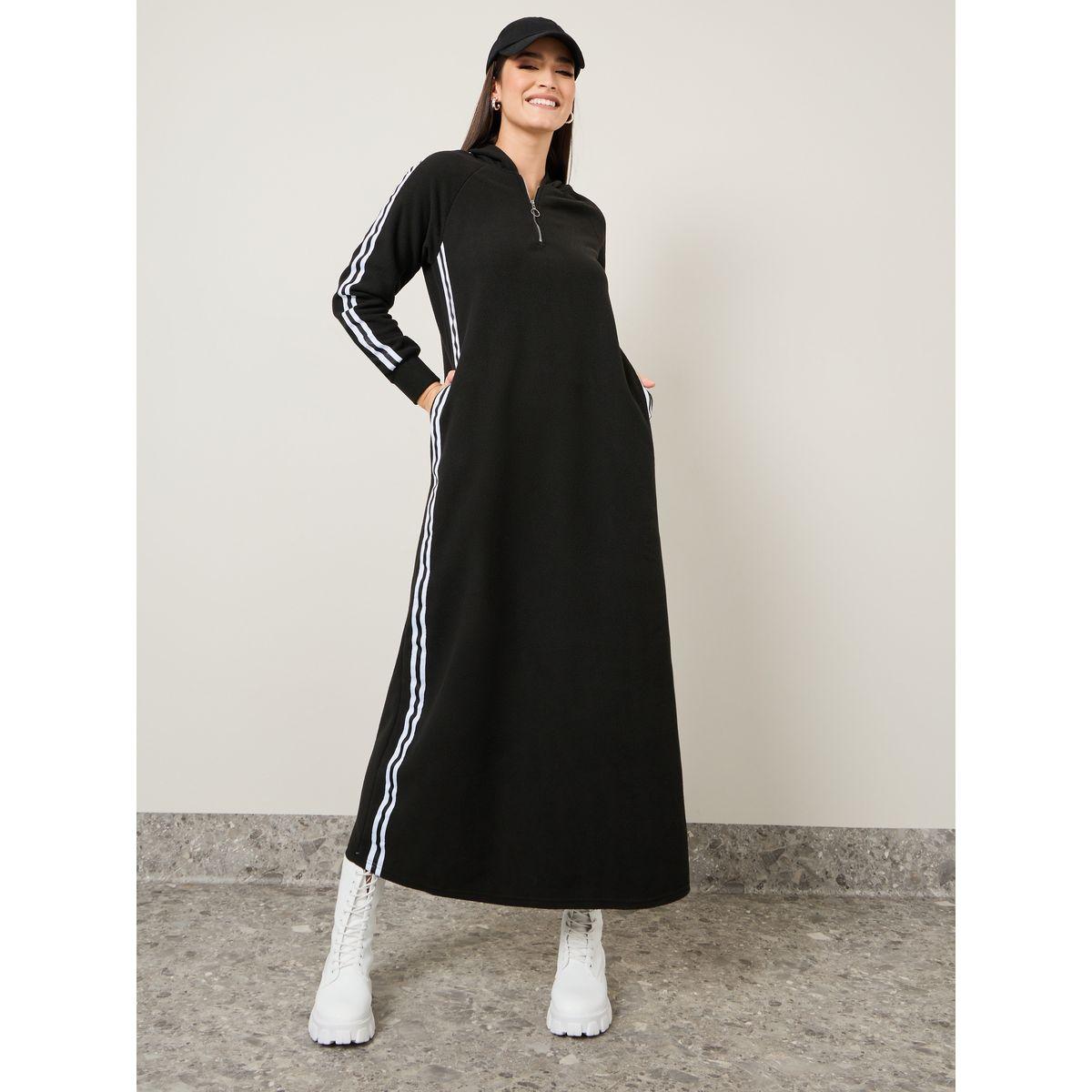 Styli Side Stripe Detail Hooded Sweatshirt Maxi Dress-women-clothing-dresses-image-1