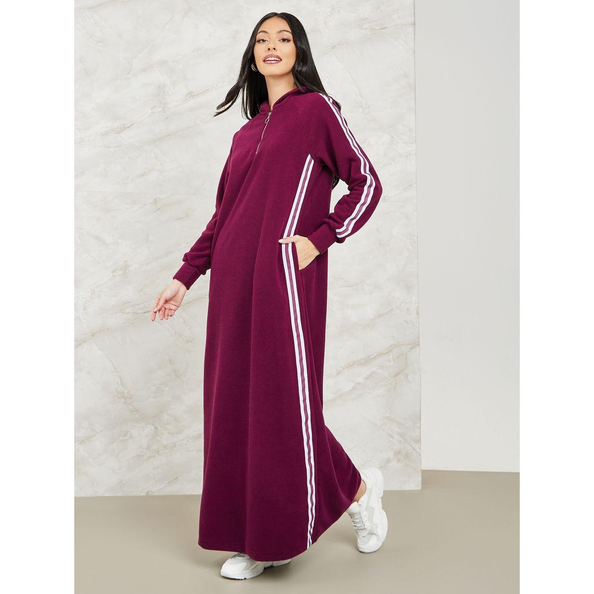 Styli Side Stripe Detail Hooded Sweatshirt Maxi Dress-women-clothing-dresses-image-1