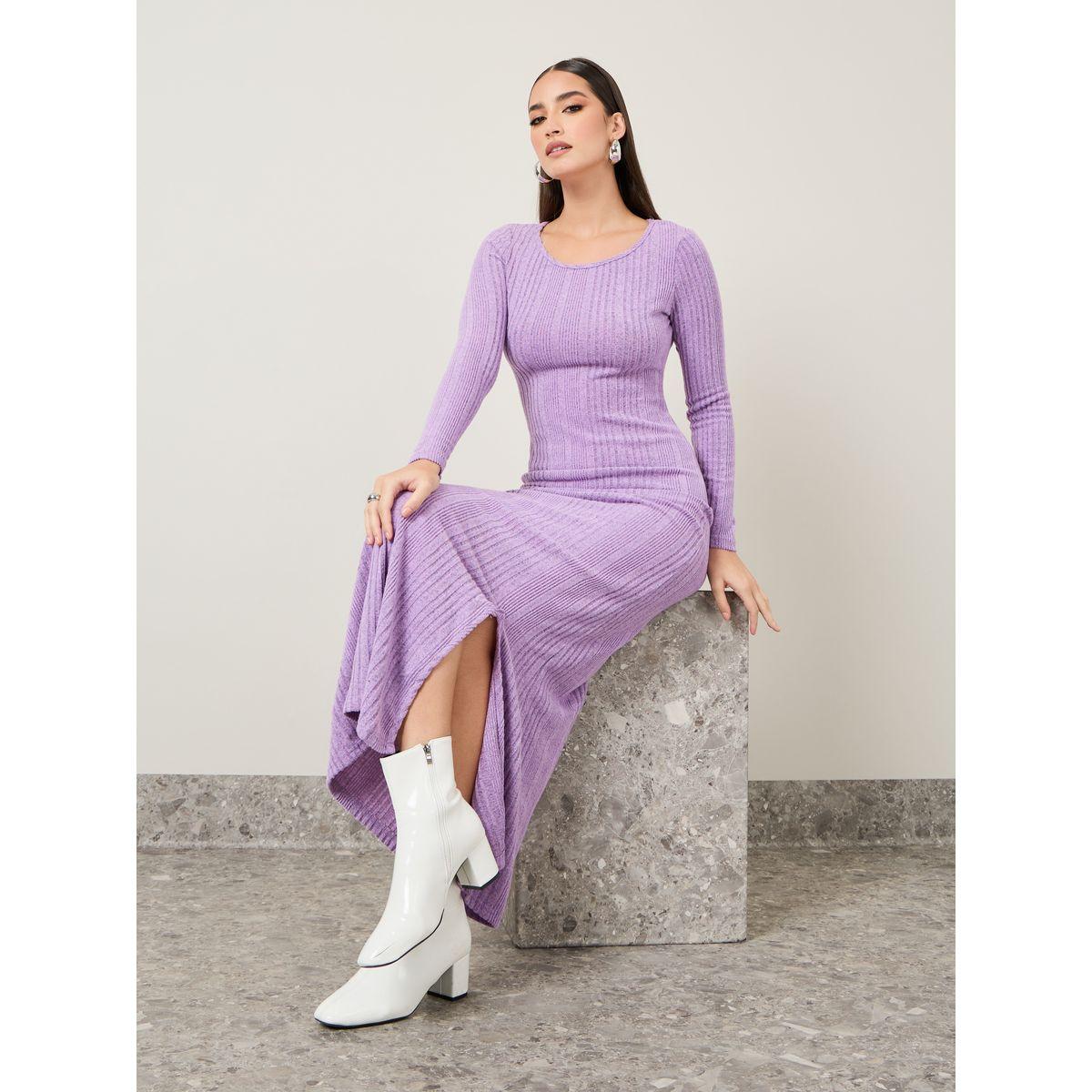 Styli Ribbed Knit A-Line Maxi Dress with Front Split-women-clothing-dresses-image-1