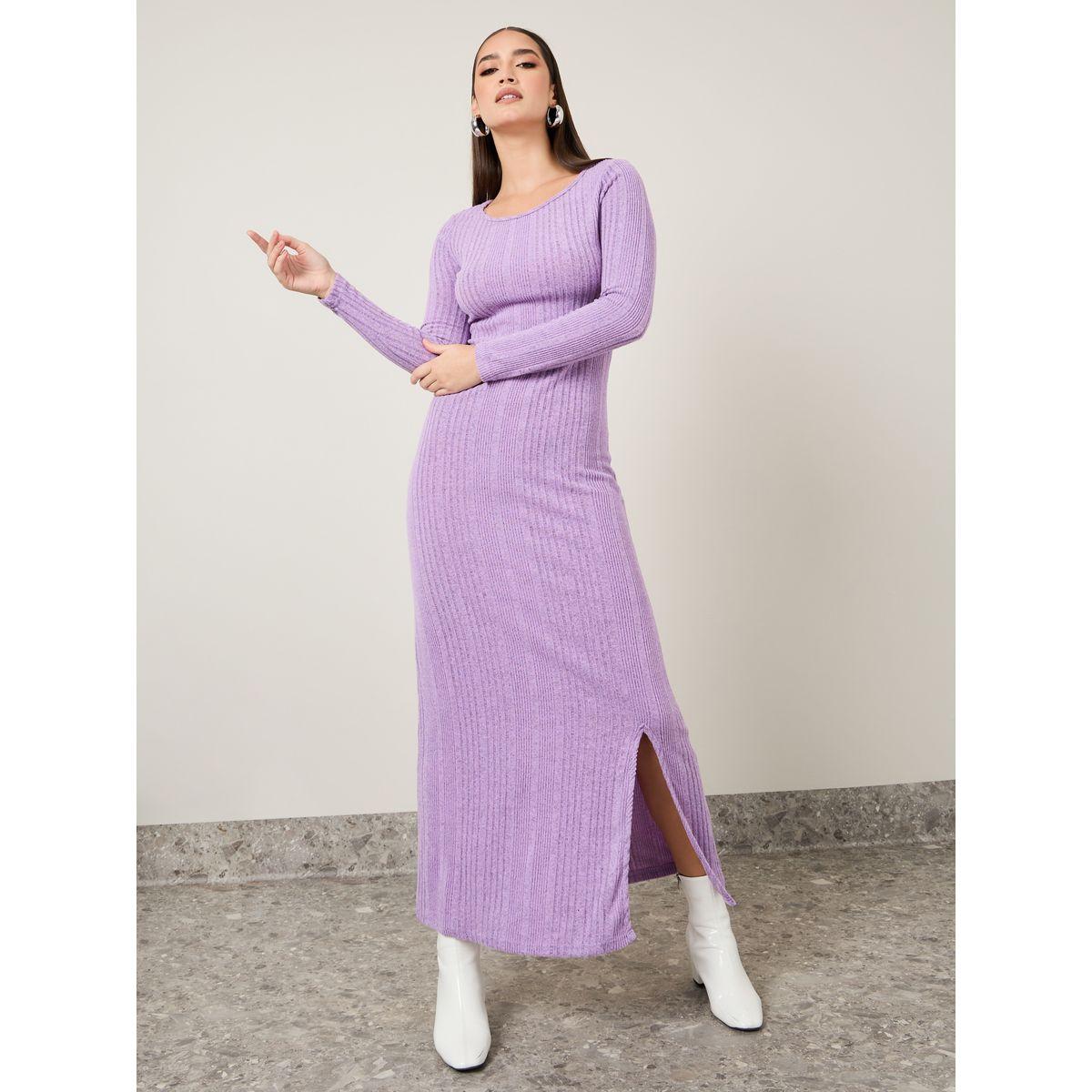 Styli Ribbed Knit A-Line Maxi Dress with Front Split-women-clothing-dresses-image-2