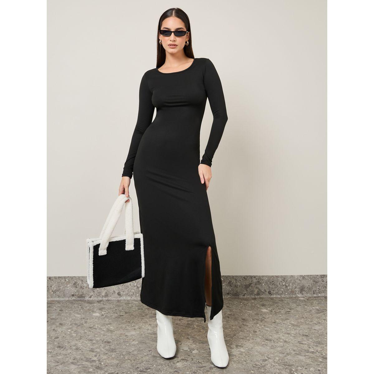 Styli Round Neck A-Line Maxi Dress with Front Split-women-clothing-dresses-image-1