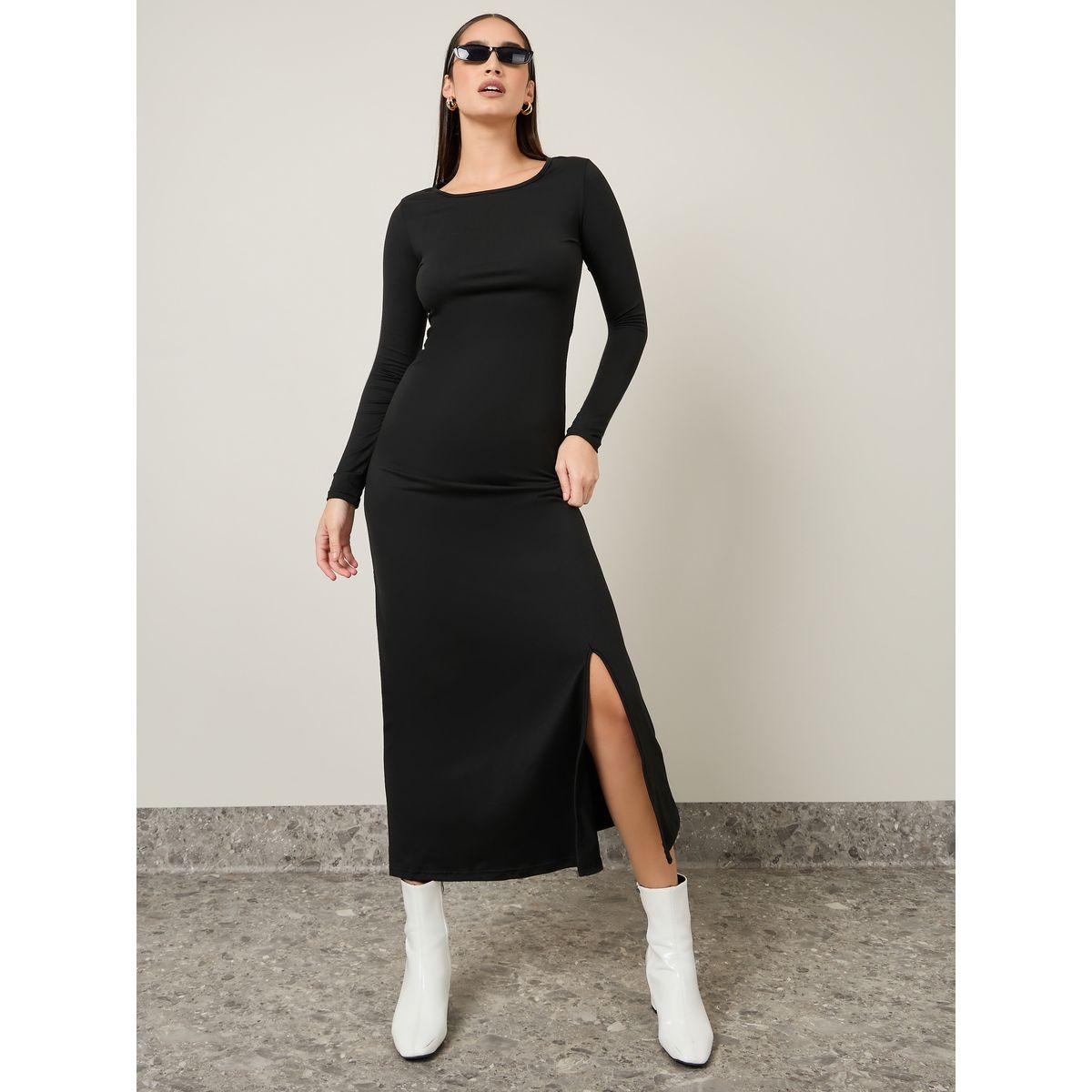 فستان طويل بياقة دائرية وشق امامي-women-clothing-dresses-image-2