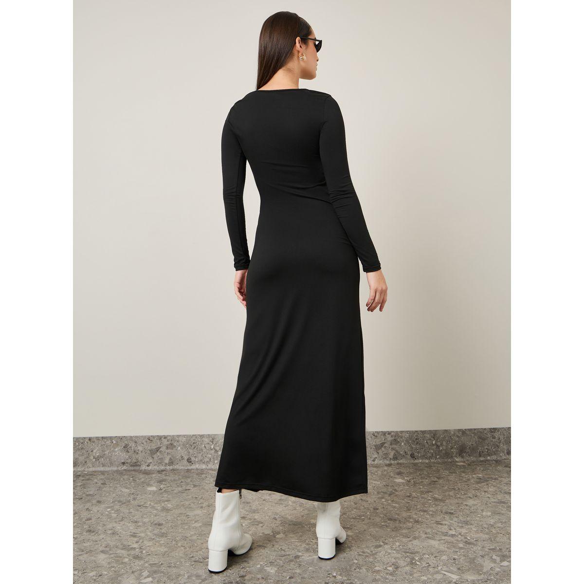 Styli Round Neck A-Line Maxi Dress with Front Split-women-clothing-dresses-image-5