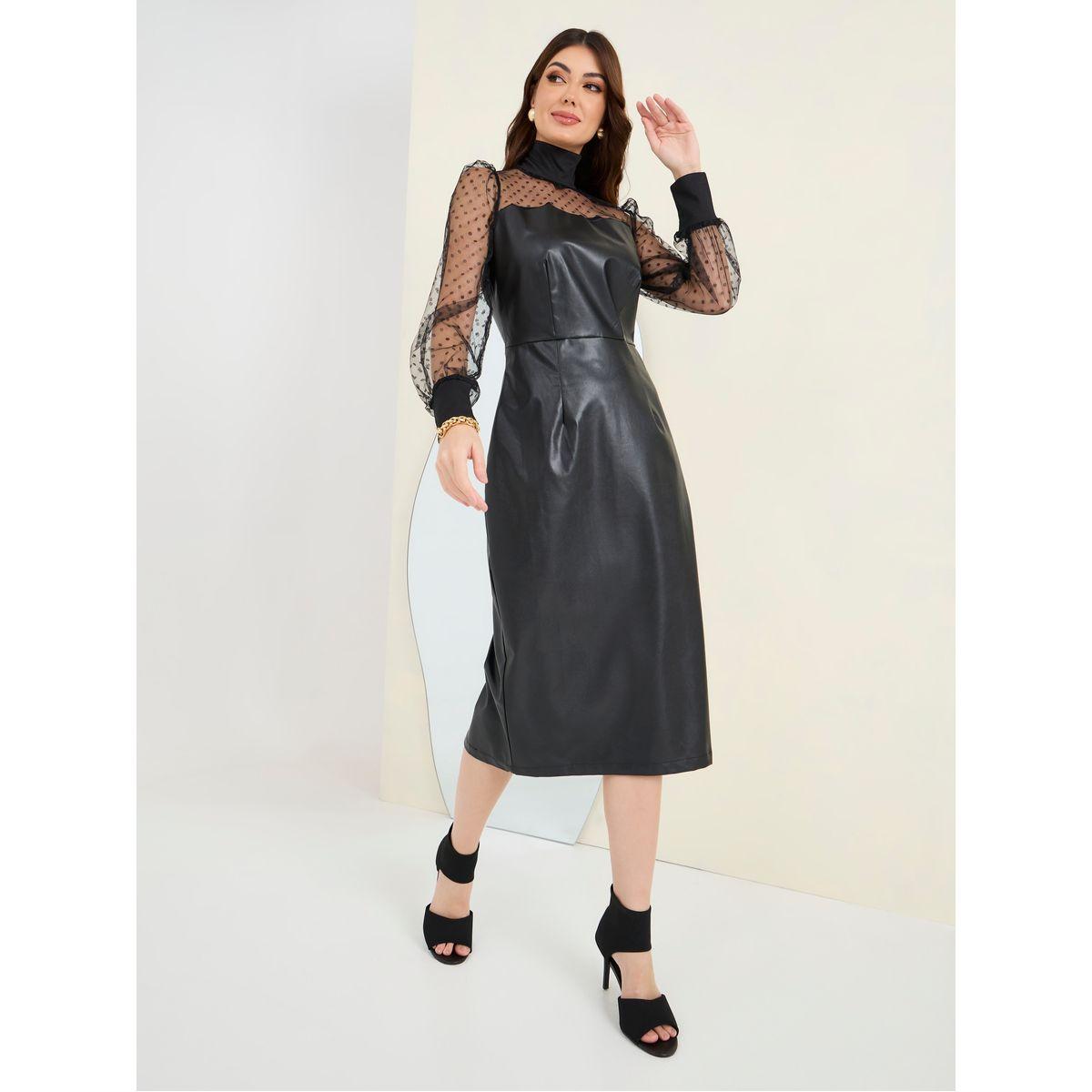 Styli Mesh Insert Leather Look Sheath Midi Dress-women-clothing-dresses-image-1