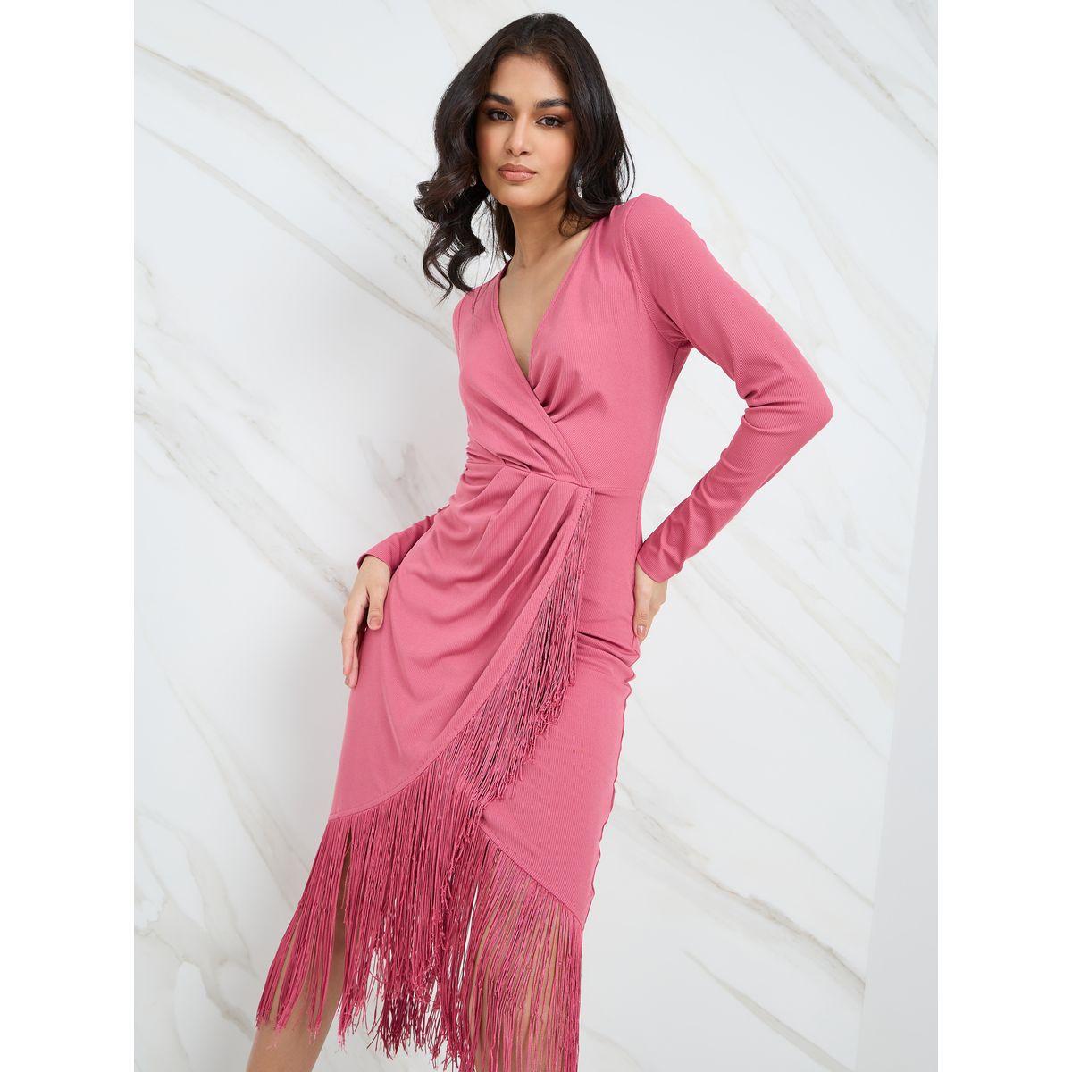 Styli Fringed Detail Wrap Front Midi Dress-women-clothing-dresses-image-2