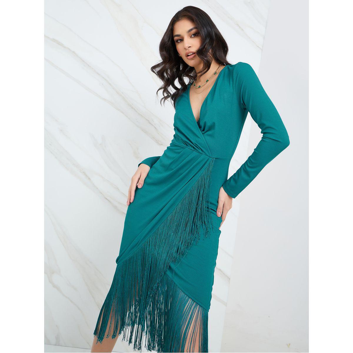 Styli Fringed Detail Wrap Front Midi Dress-women-clothing-dresses-image-1