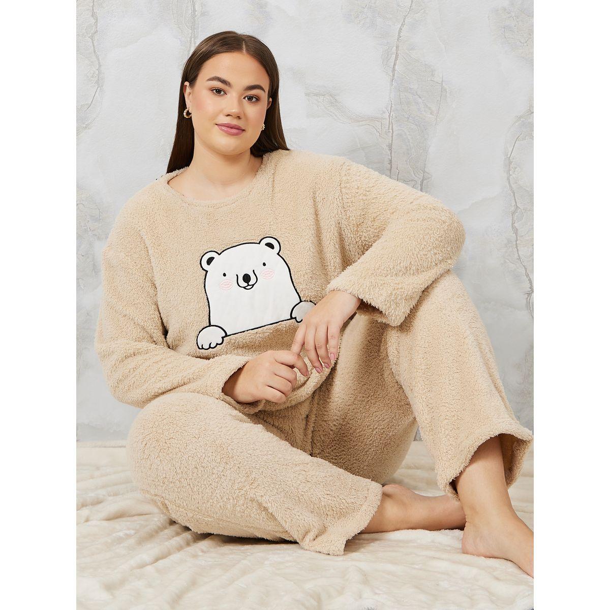 Styli Unwind Plus Plush Fleece Bear Embroidered Top & Pyjama Set-women-clothing-nightwear-pyjamas-longsets-image-1