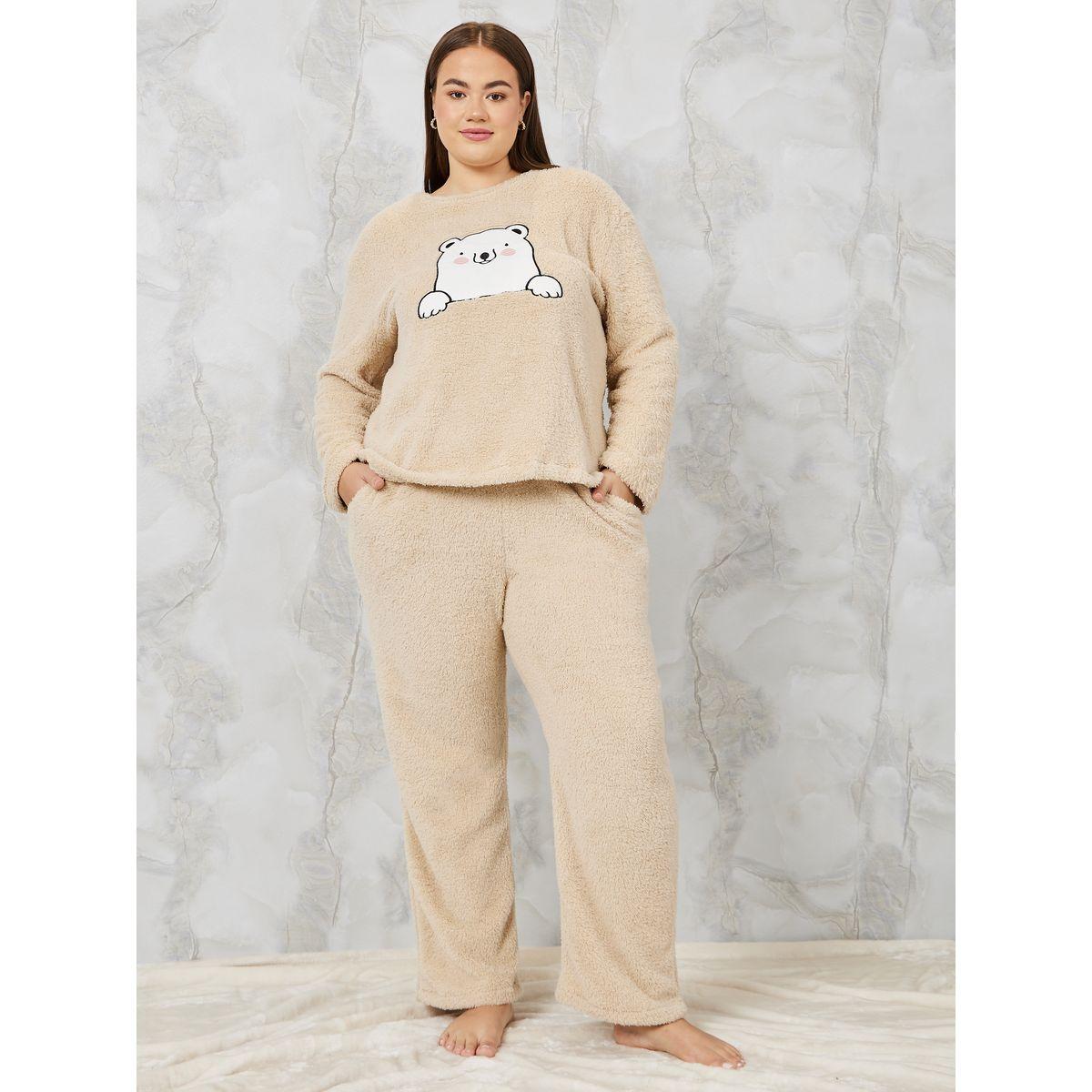 Styli Unwind Plus Plush Fleece Bear Embroidered Top & Pyjama Set-women-clothing-nightwear-pyjamas-longsets-image-2