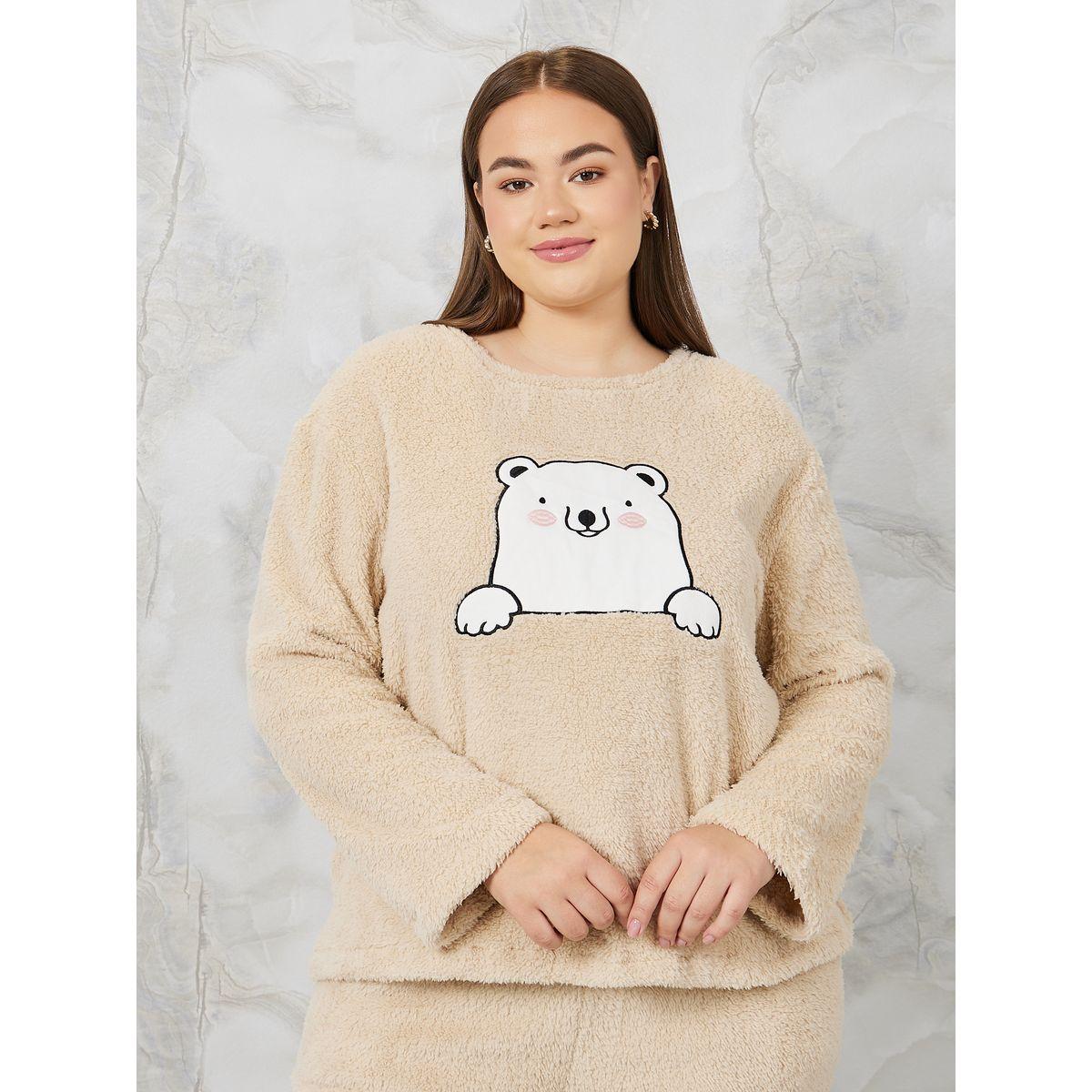 Styli Unwind Plus Plush Fleece Bear Embroidered Top & Pyjama Set-women-clothing-nightwear-pyjamas-longsets-image-3