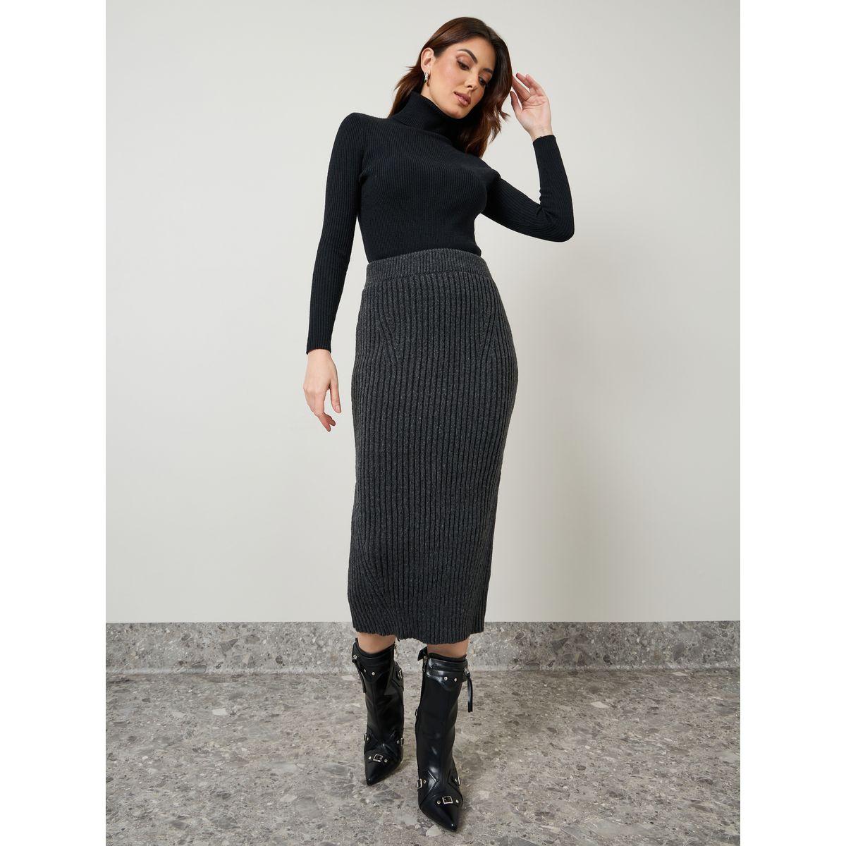 تنورة ميدي مضلعة بياقة عالية-women-clothing-bottoms-skirts-image-1