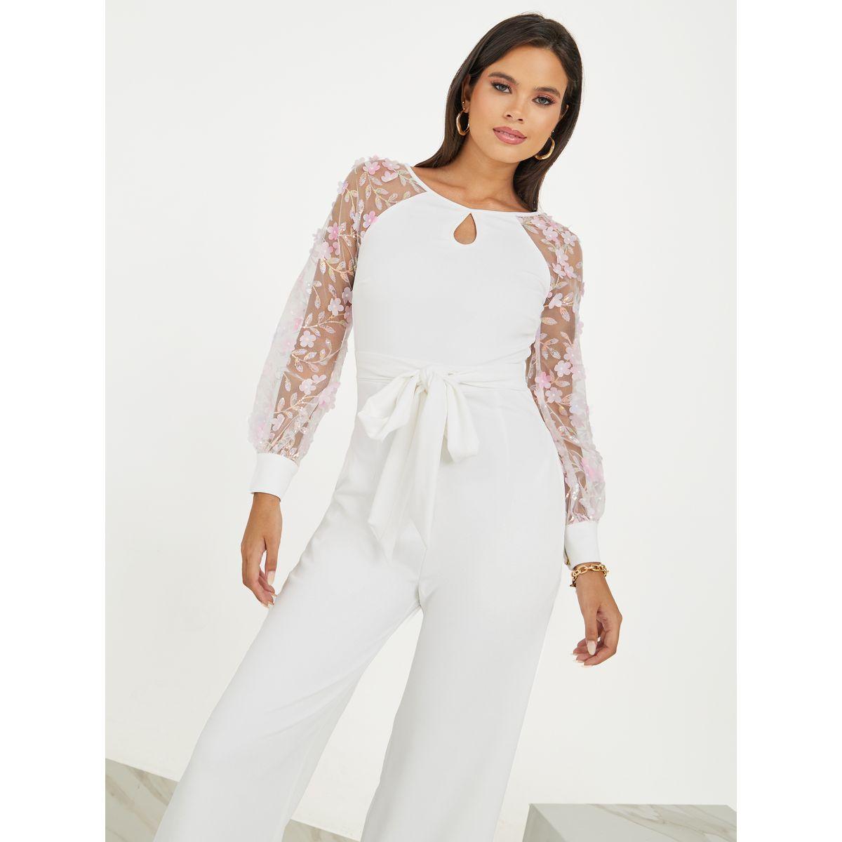 Styli Mesh Insert Floral Applique Wide Leg Jumpsuit-women-clothing-jumpsuits-image-2