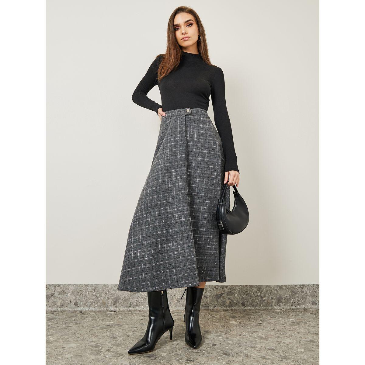 Styli Plaid Wool Like A-Line Midi Skirt-women-clothing-bottoms-skirts-image-1