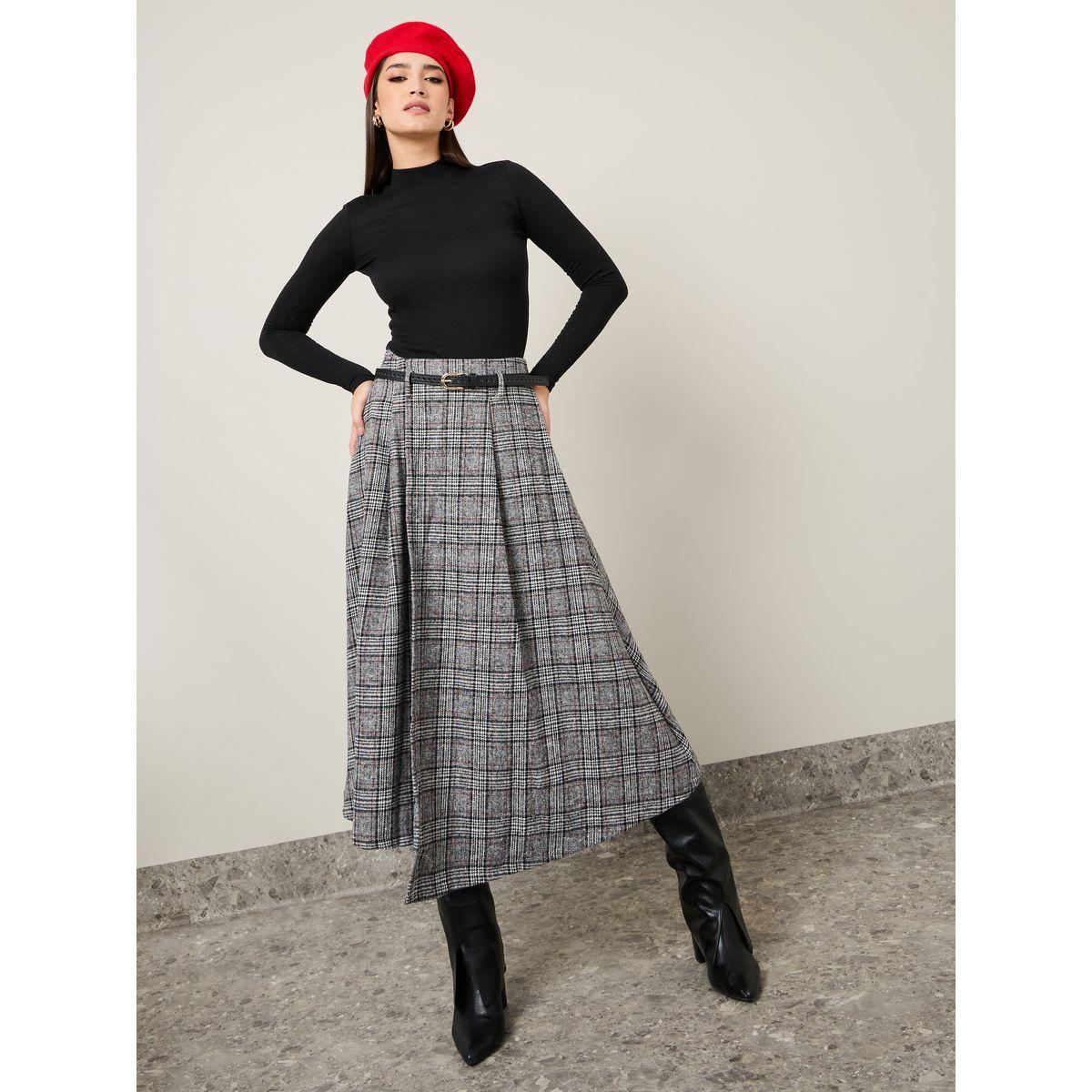 Styli Plaid Checked Wool Like A-Line Midi Skirt-women-clothing-bottoms-skirts-image-1