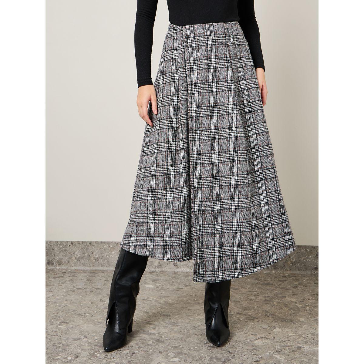 Styli Plaid Checked Wool Like A-Line Midi Skirt-women-clothing-bottoms-skirts-image-2