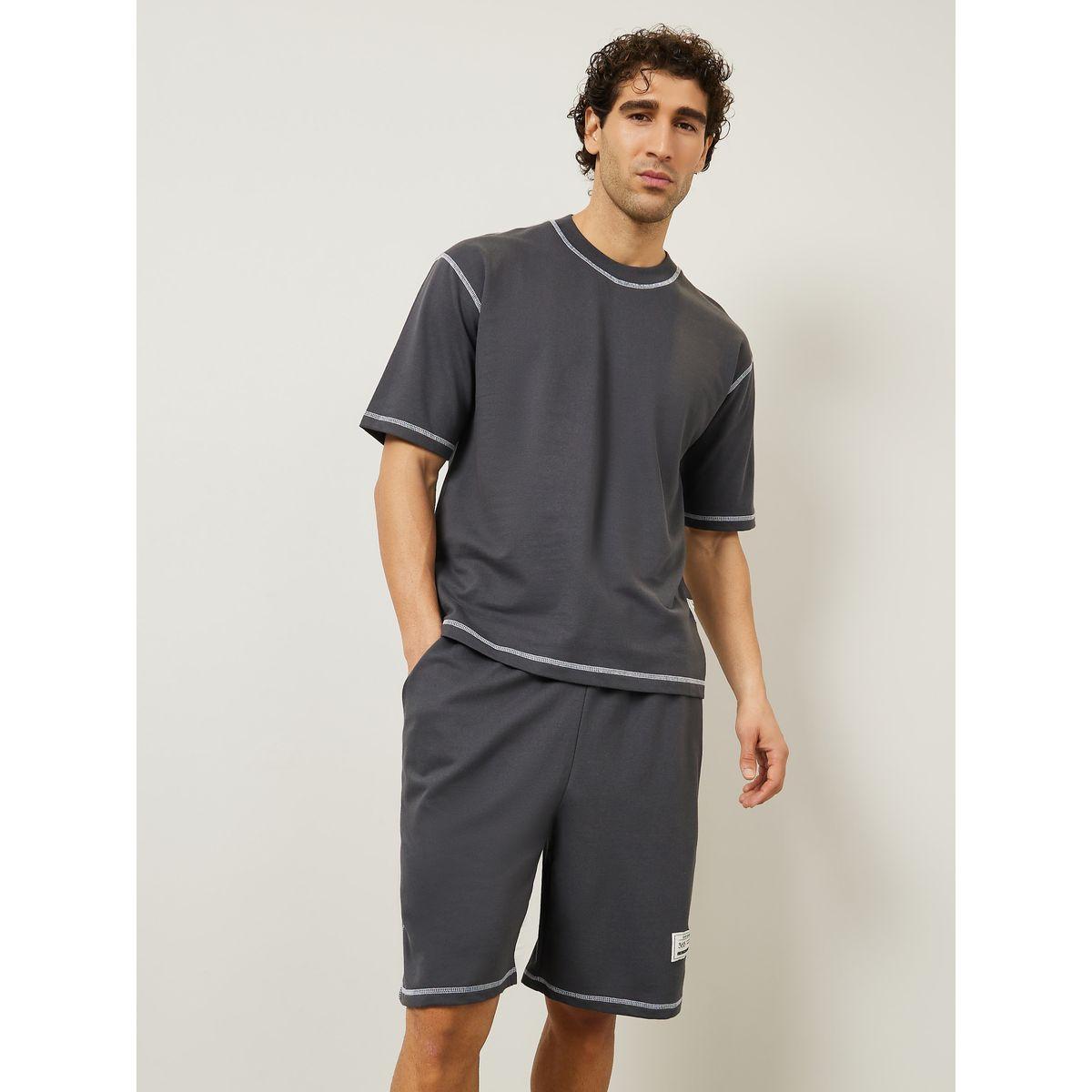 Styli Oversized Contrast Overlock Terry T-Shirt & Shorts Co-Ords-men-clothing-coordsets-image-1
