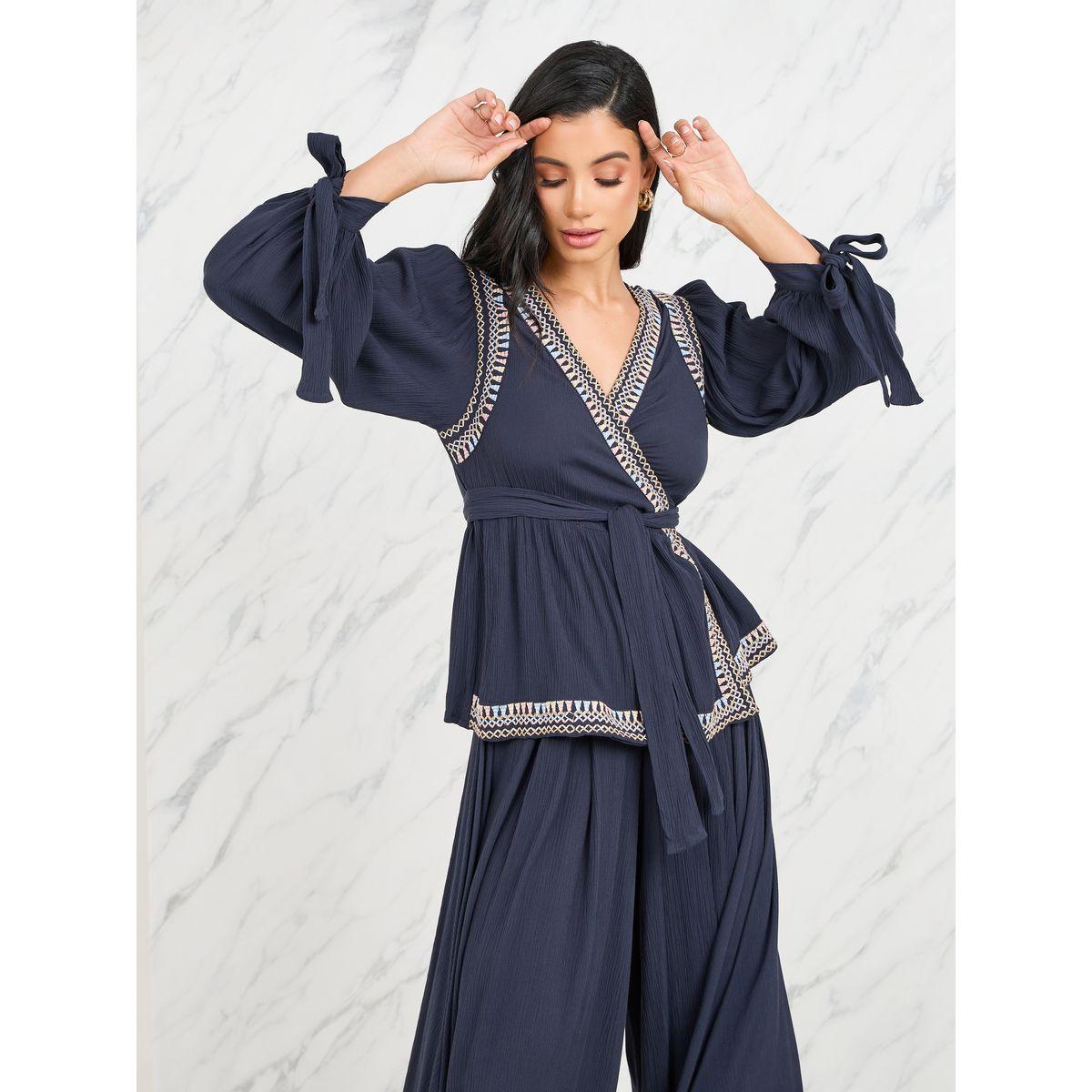 مجموعة من بنطال مع بلوزة بيبلوم بأربطة-women-clothing-coordsets-image-2