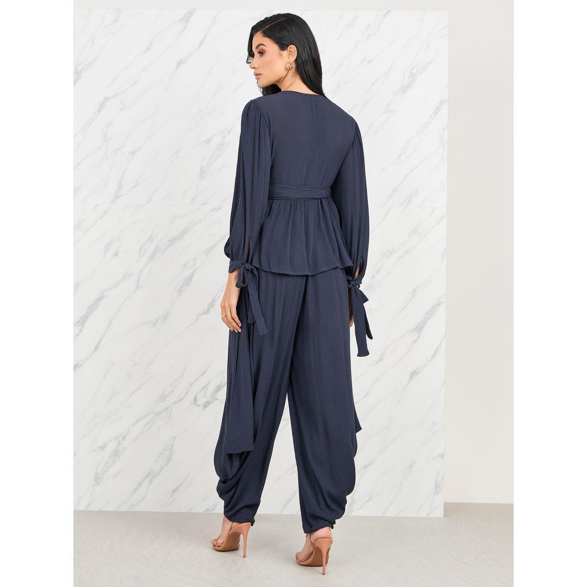 مجموعة من بنطال مع بلوزة بيبلوم بأربطة-women-clothing-coordsets-image-5