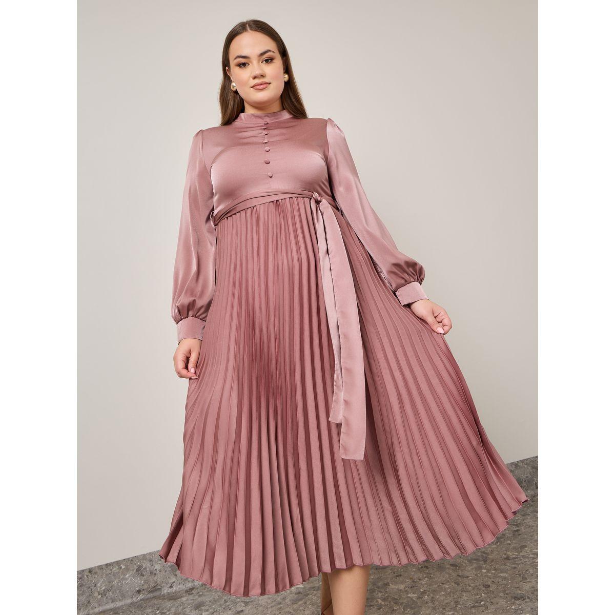 Styli Plus Pleated Belted A-Line Midi Dress With Button Detail-women-clothing-dresses-image-1