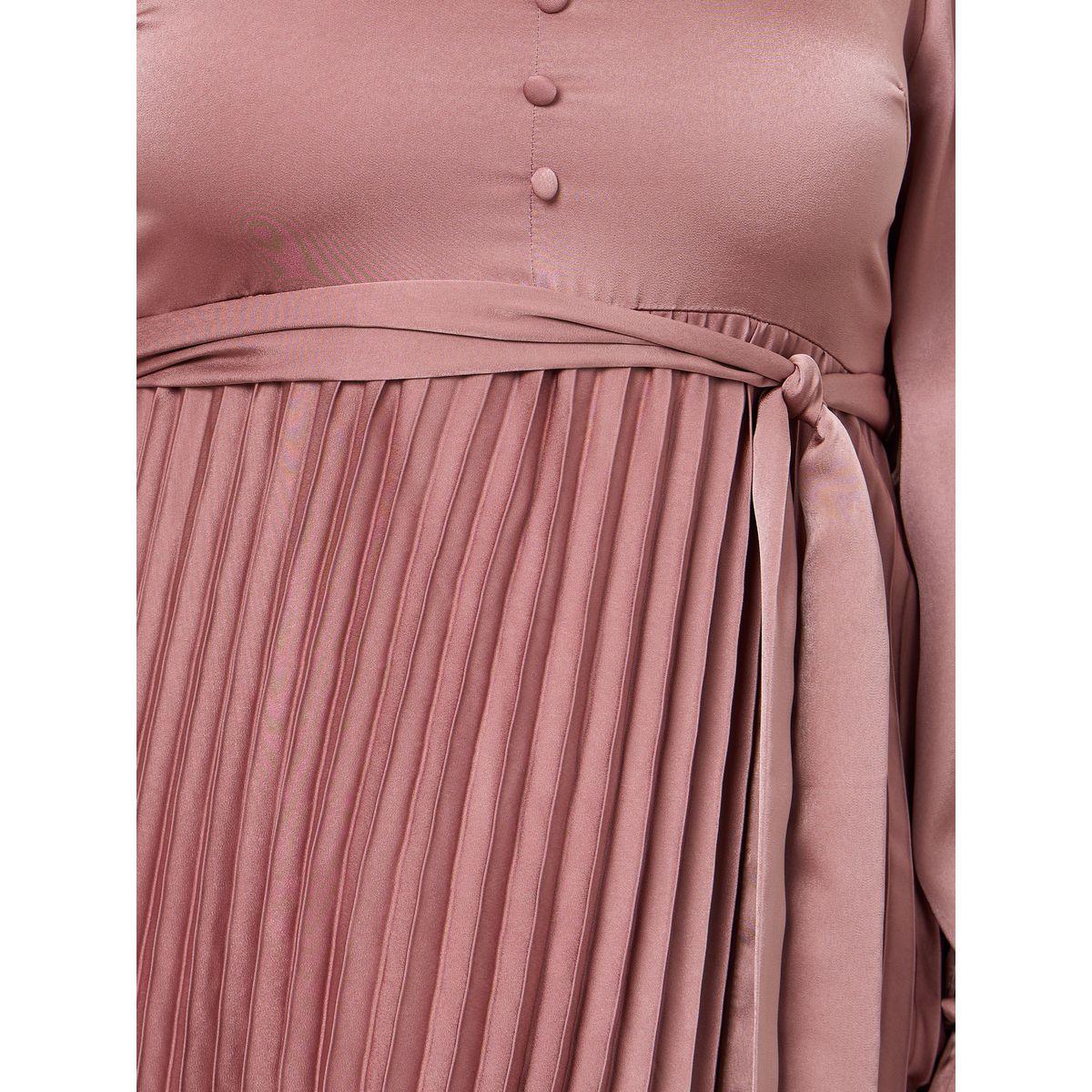 Styli Plus Pleated Belted A-Line Midi Dress With Button Detail-women-clothing-dresses-image-3