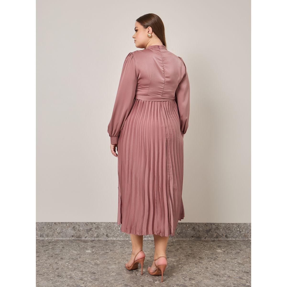 Styli Plus Pleated Belted A-Line Midi Dress With Button Detail-women-clothing-dresses-image-4