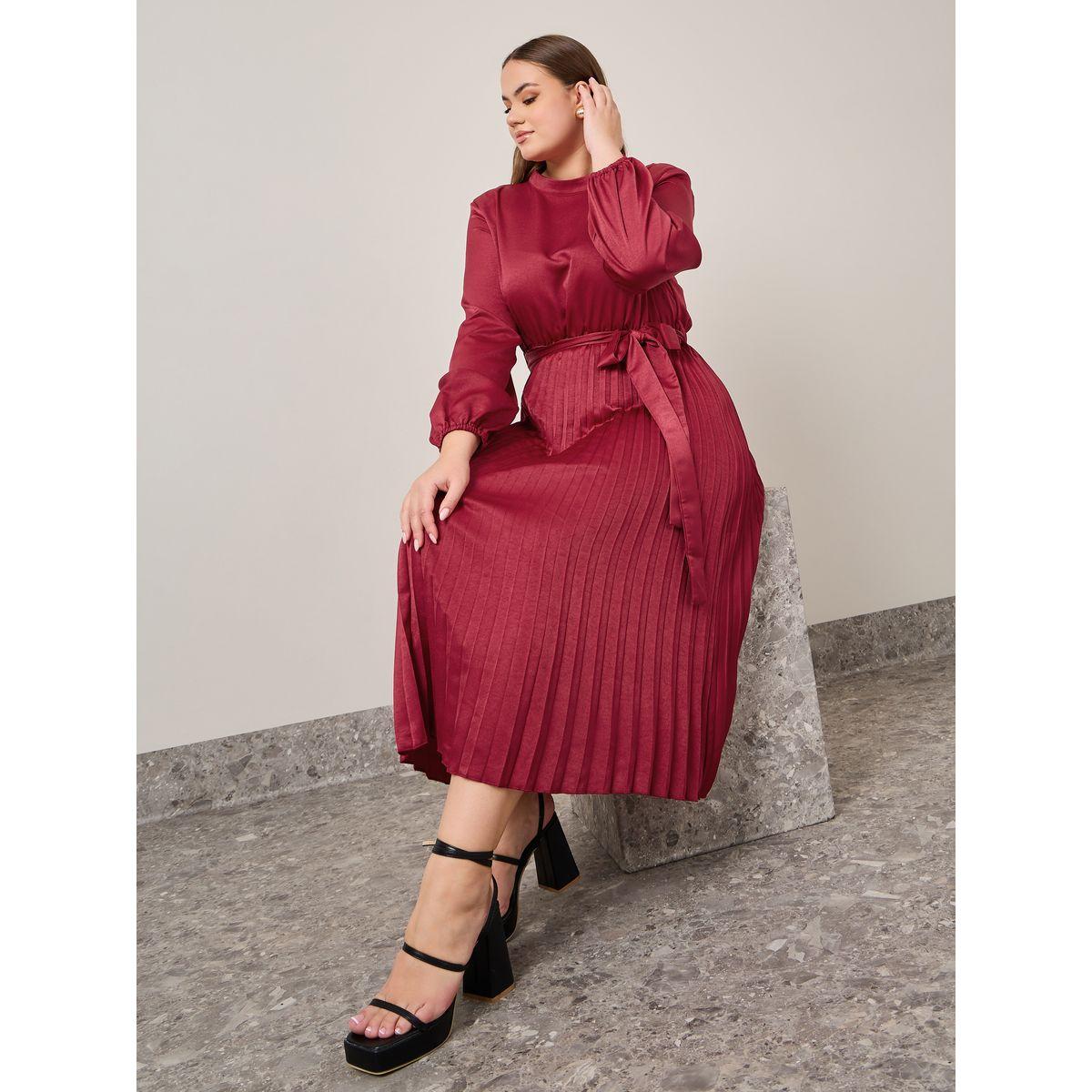 Styli Plus Pleated Belted A-Line Midi Dress-women-clothing-dresses-image-1