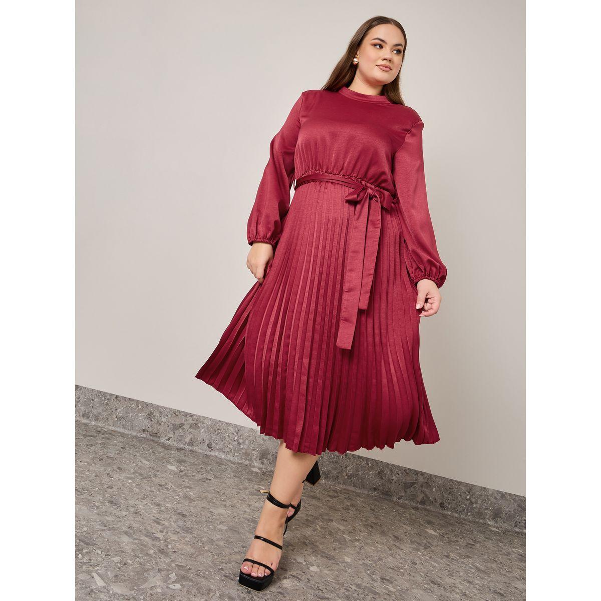 Styli Plus Pleated Belted A-Line Midi Dress-women-clothing-dresses-image-2