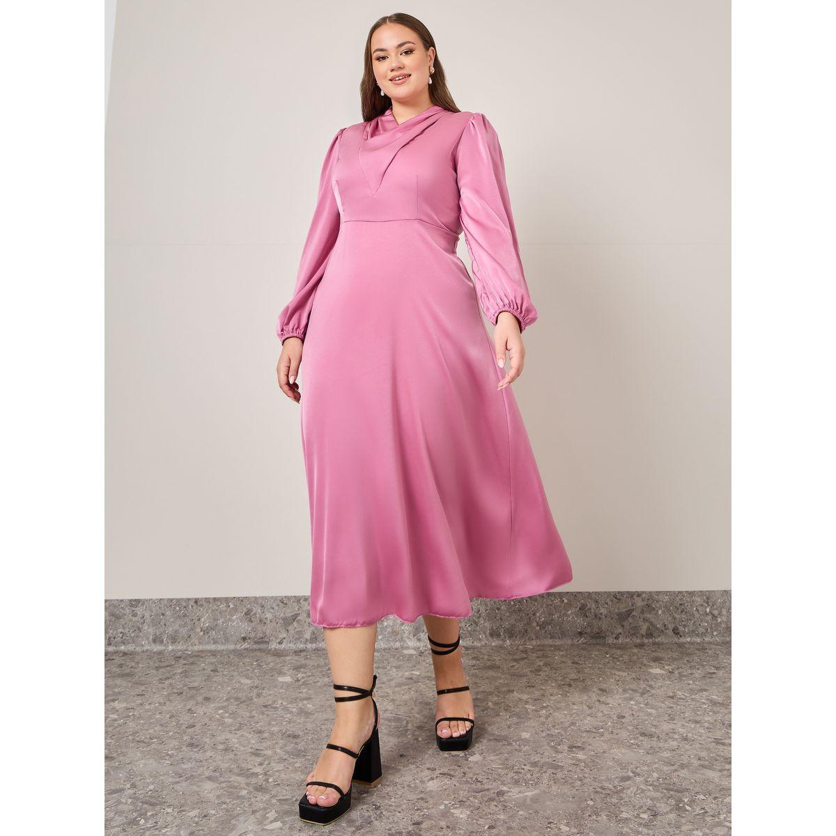 Styli Plus Solid Puff Sleeve A-Line Midi Dress-women-clothing-dresses-image-1