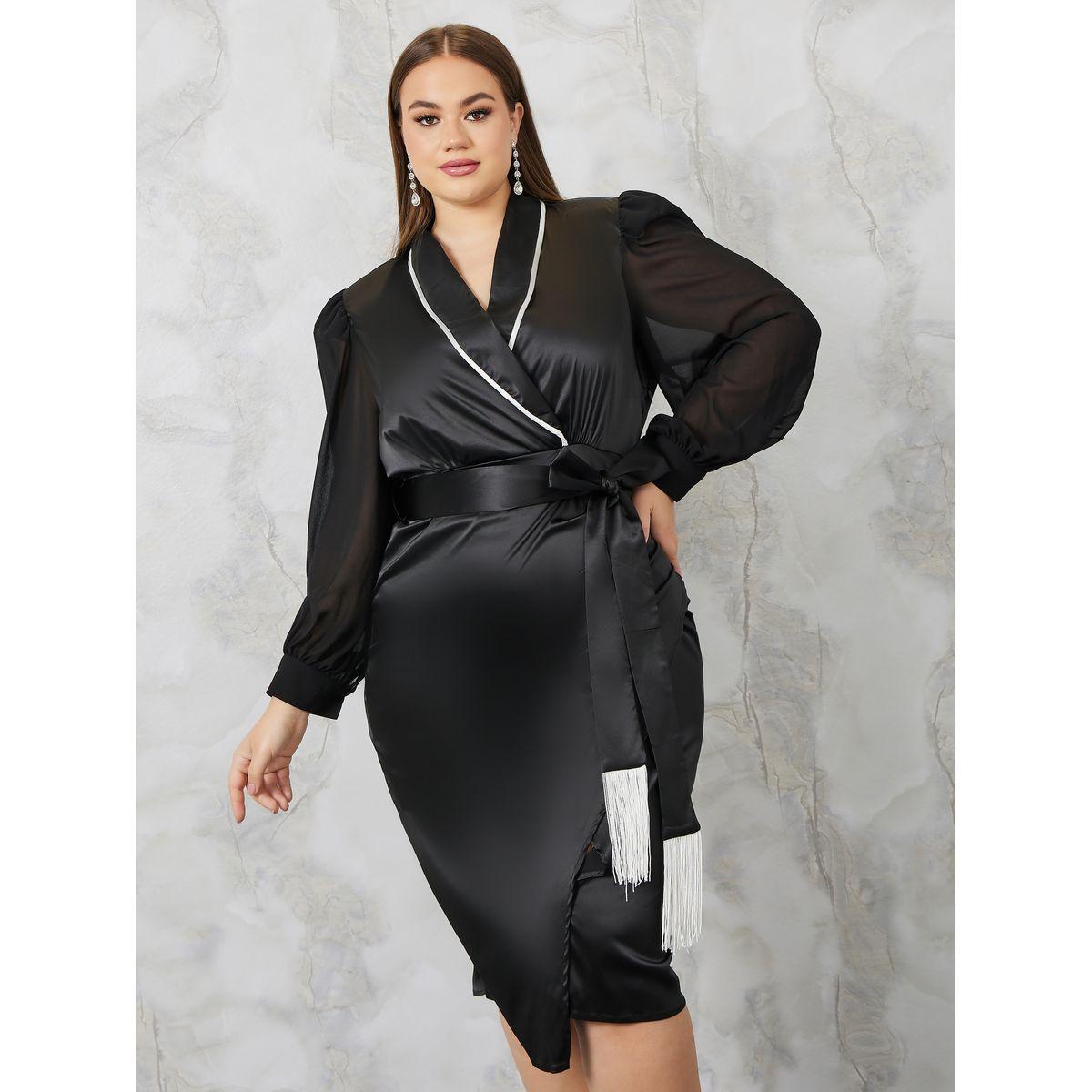 Styli Plus Satin Wrap Midi Dress Fringe Belt-women-clothing-dresses-image-1