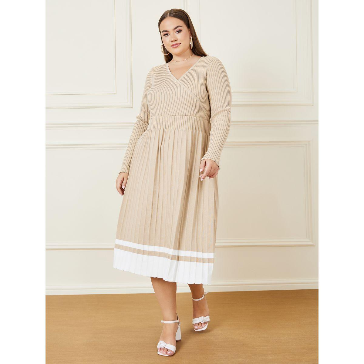 فستان ميدي محبوك بحواف مخططة-women-clothing-dresses-image-1