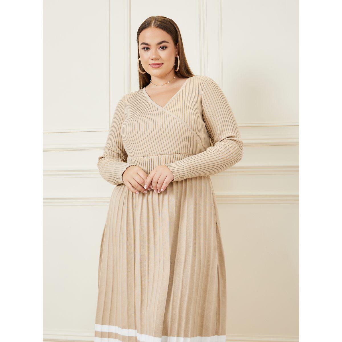 Styli Plus Striped Hem Knit Sweater Midi Dress-women-clothing-dresses-image-2