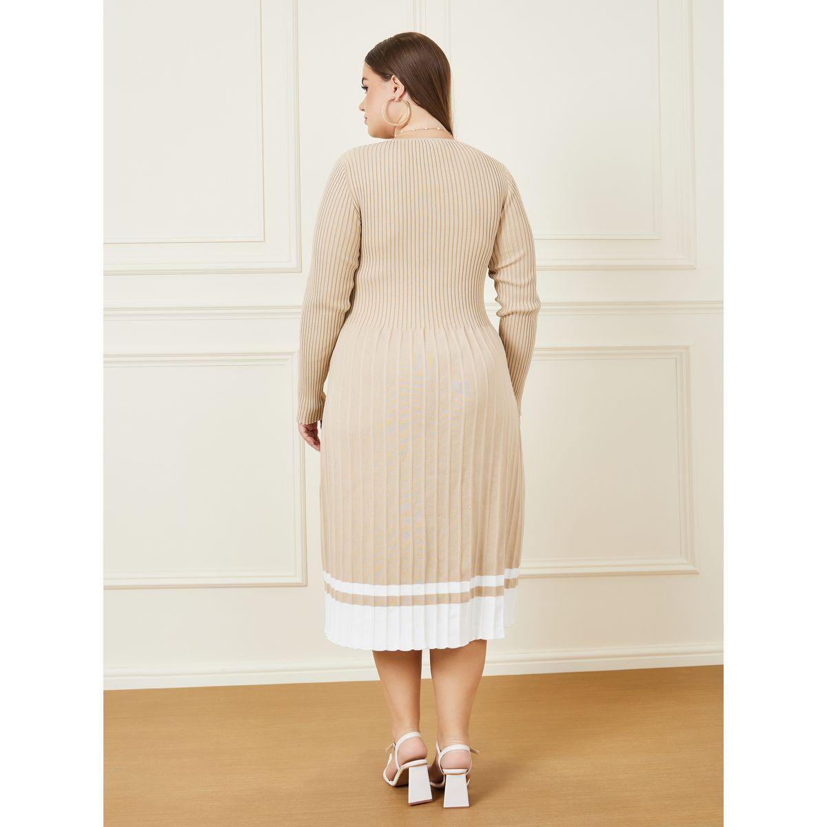 Styli Plus Striped Hem Knit Sweater Midi Dress-women-clothing-dresses-image-4